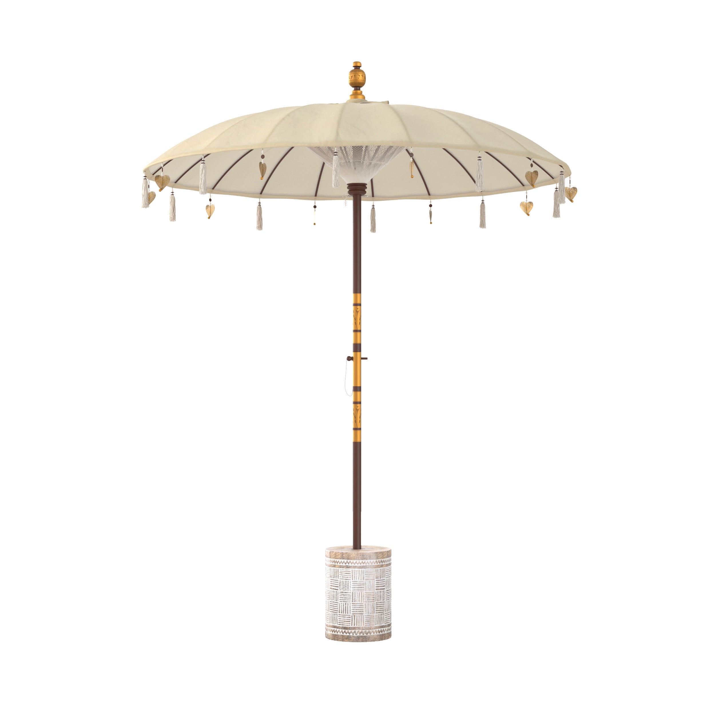 ensemble ali en tissu creme et pied de parasol en bois fond blanc