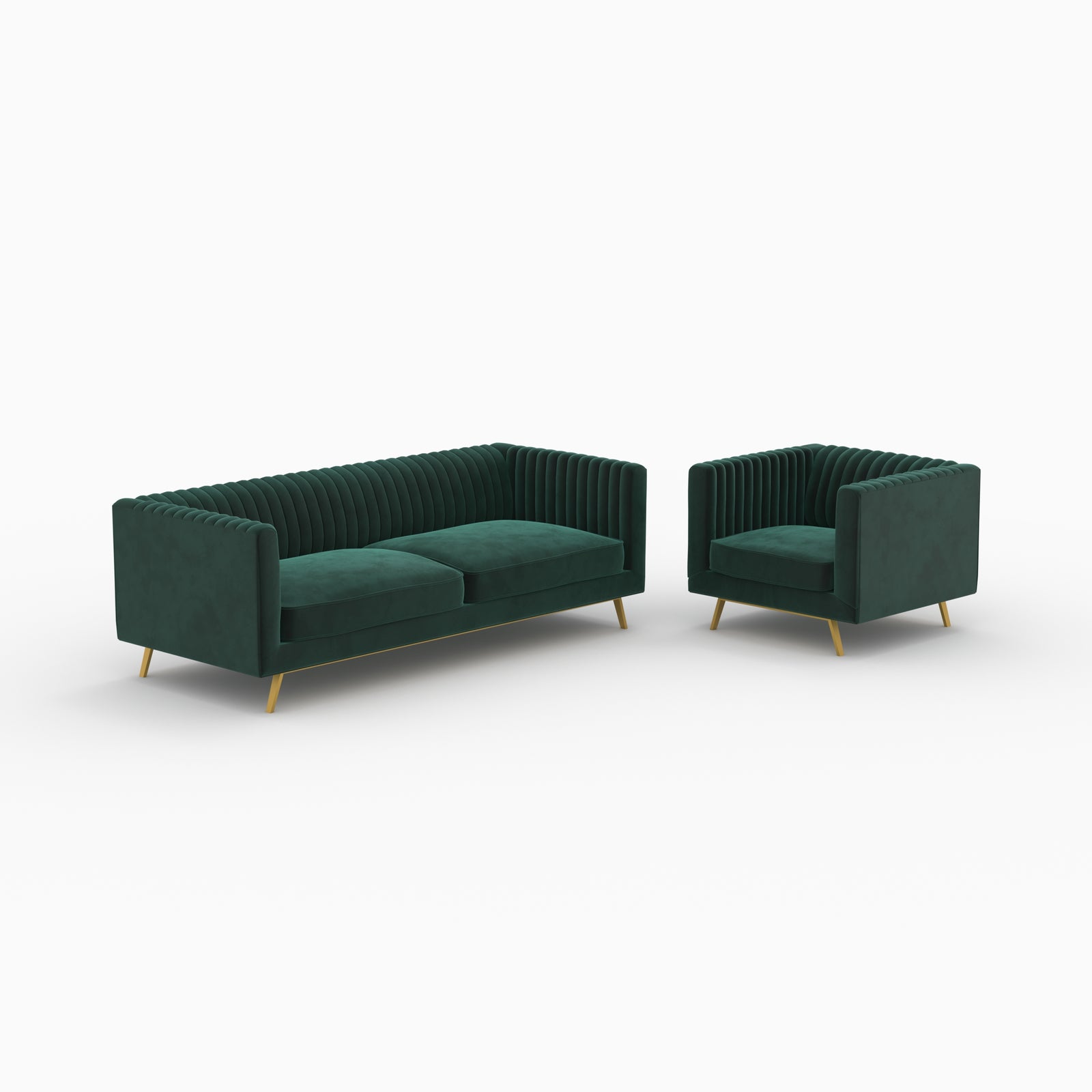 ensemble canape et fauteuil gatsby en velours vert 3 places pieds dores