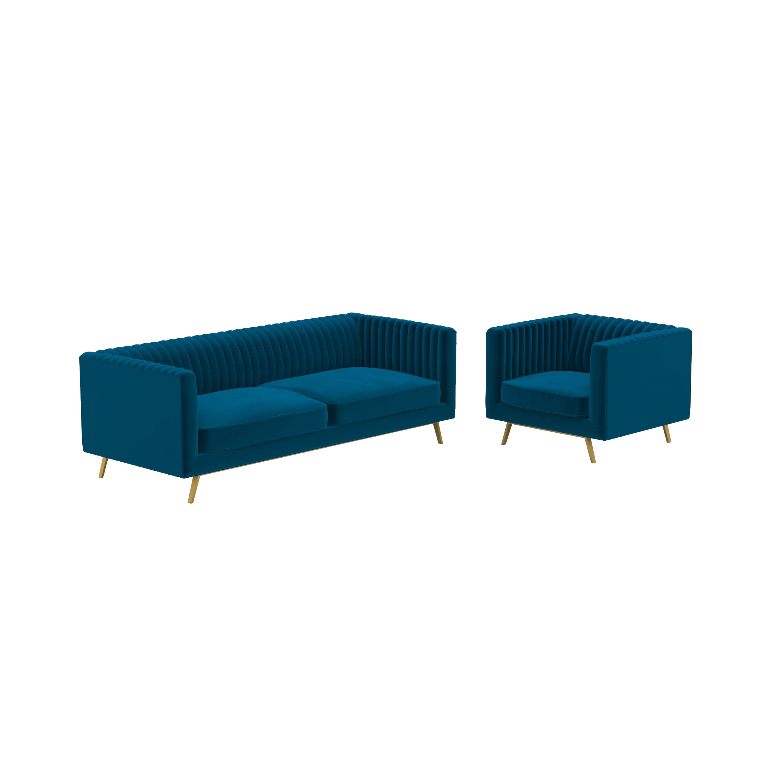 ensemble canape et fauteuil gatsby velours bleu fonce pieds dores fond blanc
