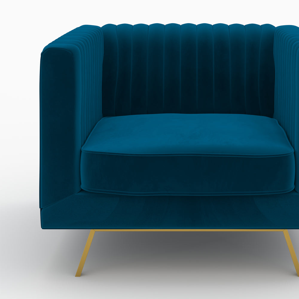 ensemble canape et fauteuil gatsby velours bleu fonce pieds dores