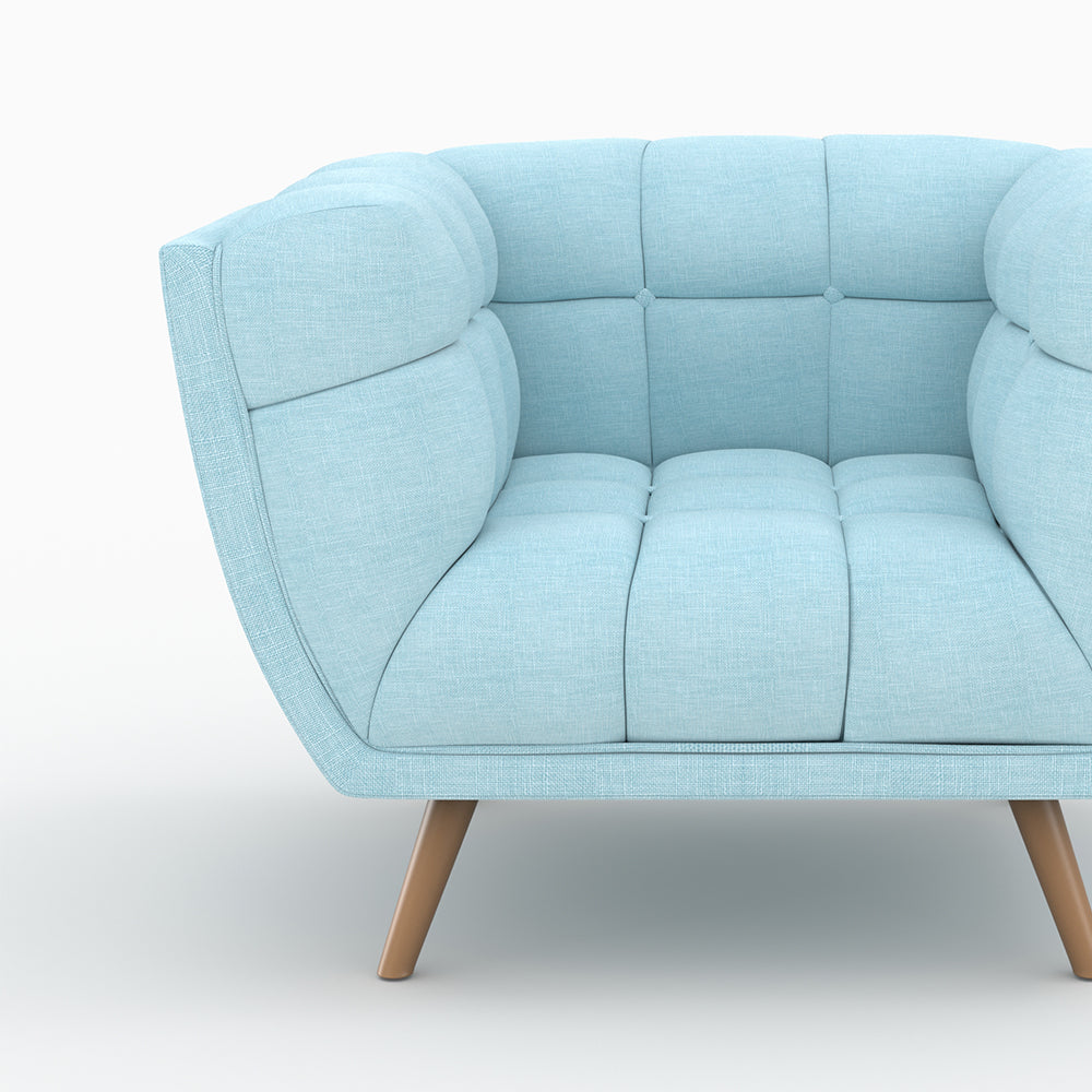 ensemble canape et fautueil carmen en tissu bleu clair pieds bois 4 places rdv deco