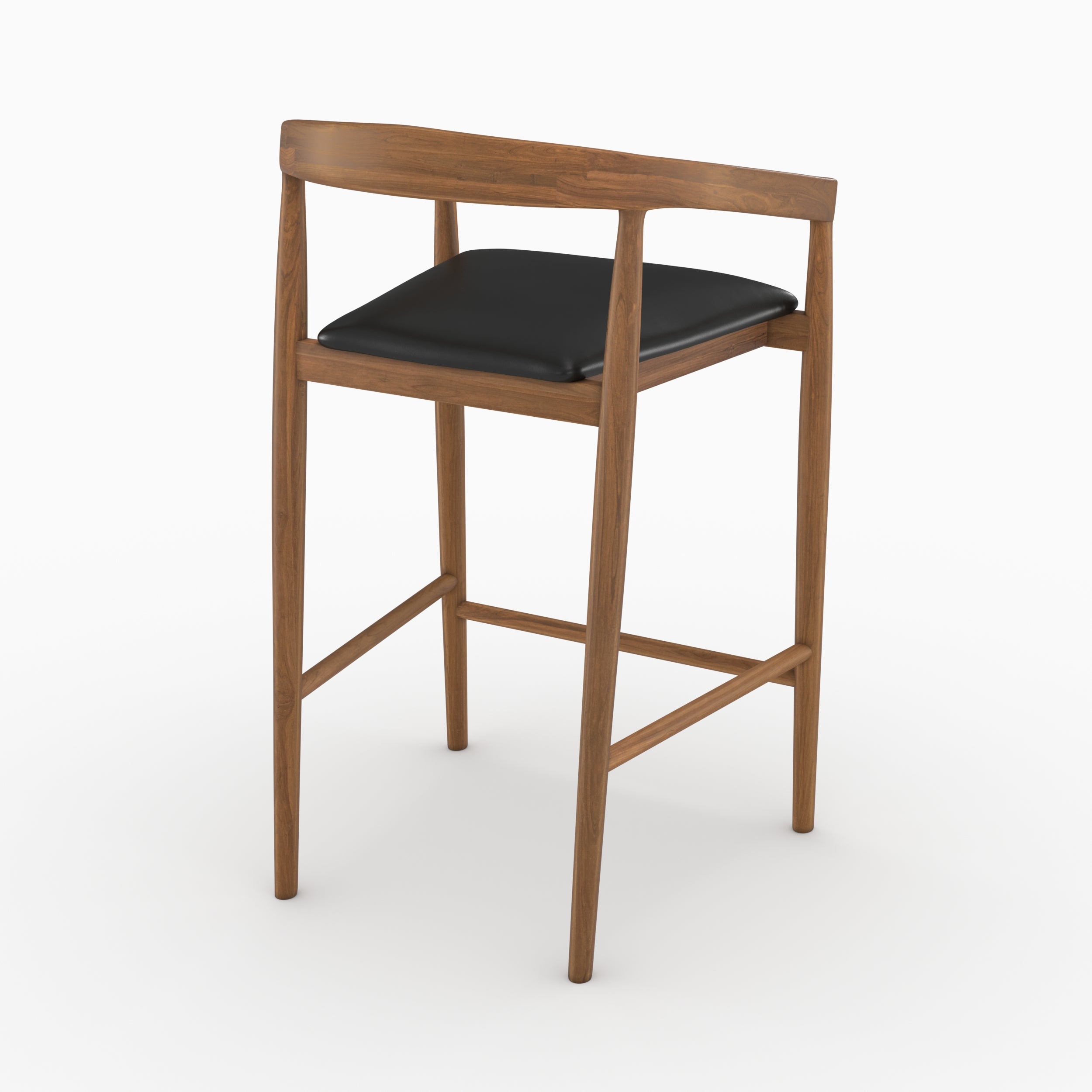 Lot de 2 chaises de bar 77 cm Bali en bois de teck vernis et assise en cuir noir