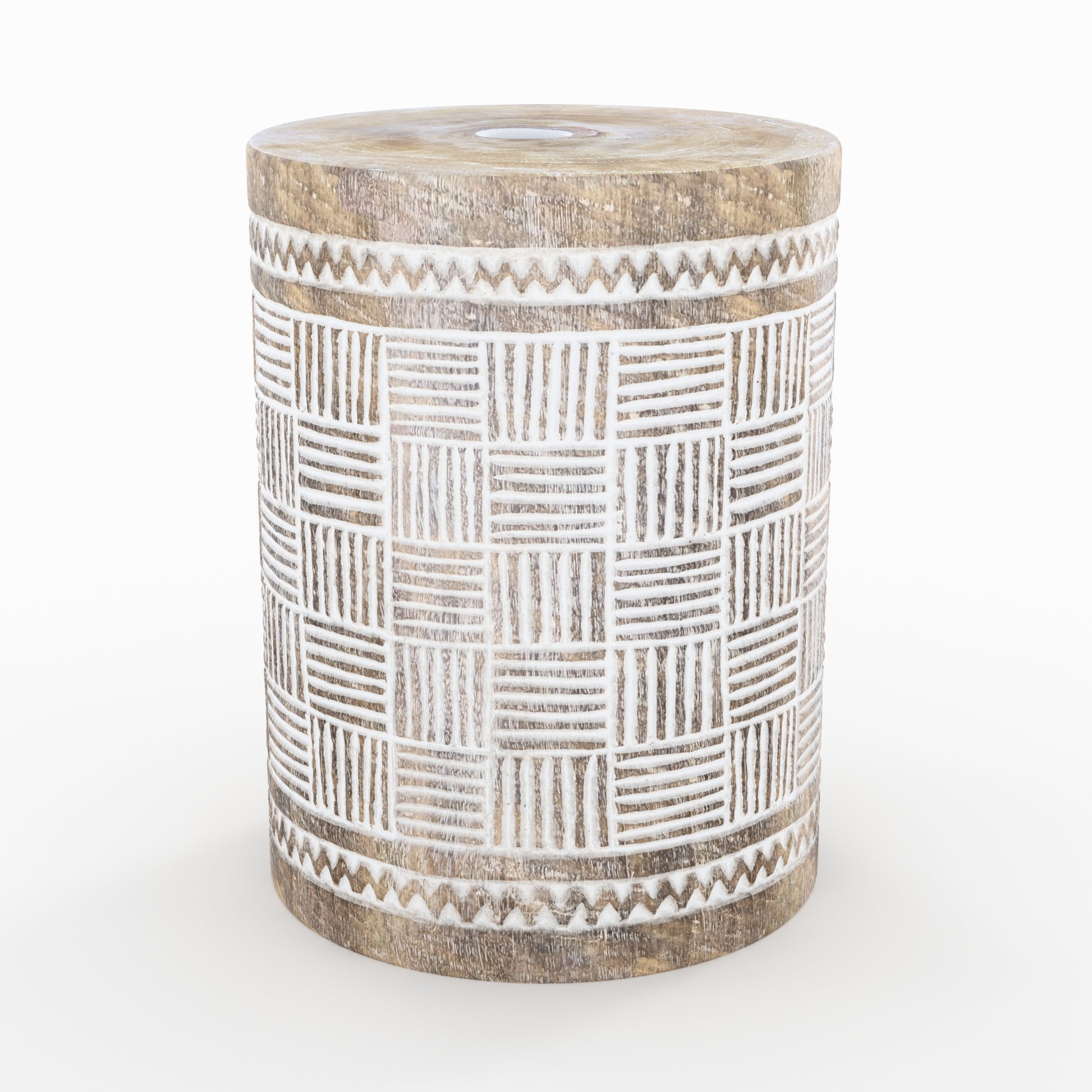 ensemble de parasol en coton macrame blanc et pied bois de suar marron gravures blanches