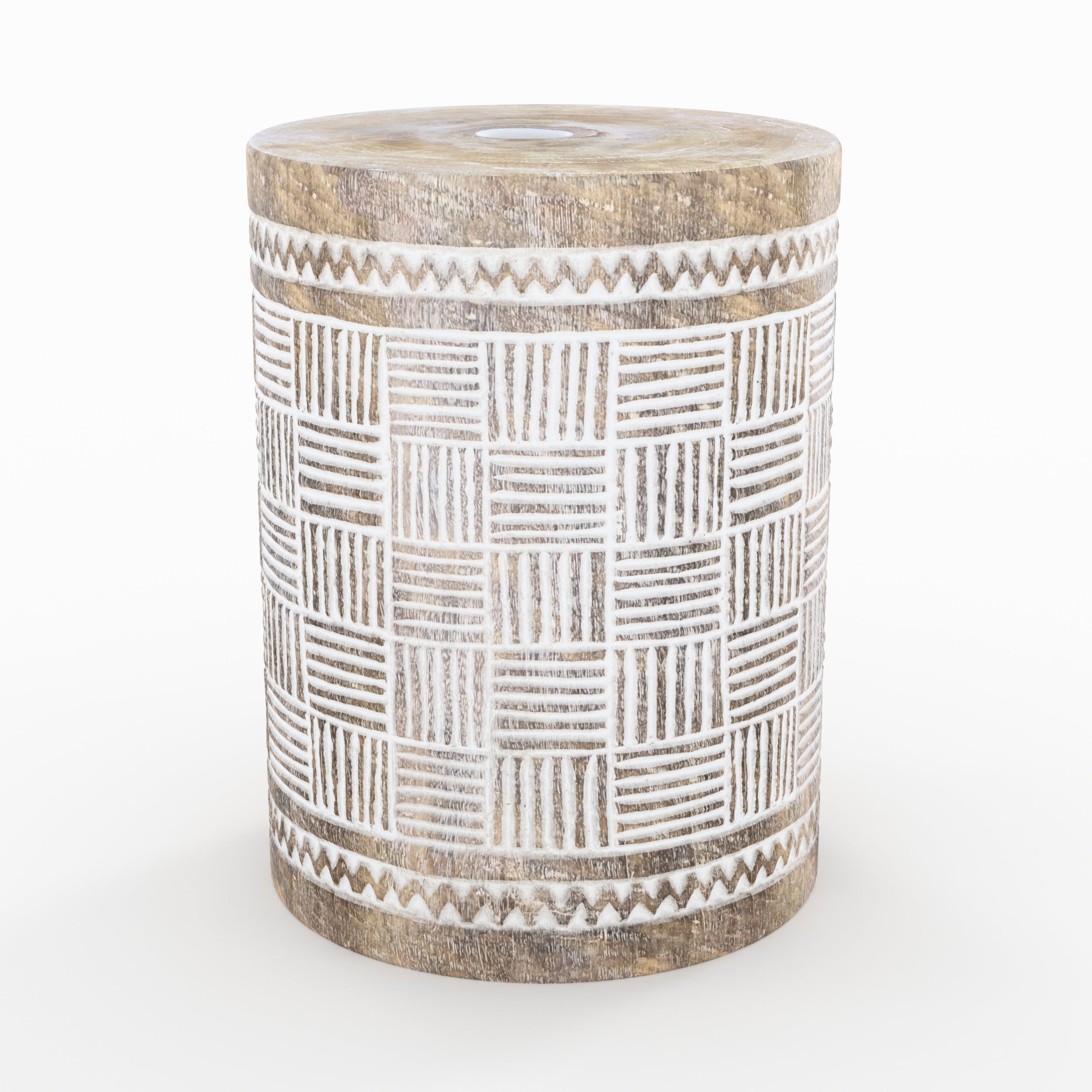 ensemble de parasol en coton macrame blanc et pied bois de suar marron gravures blanches