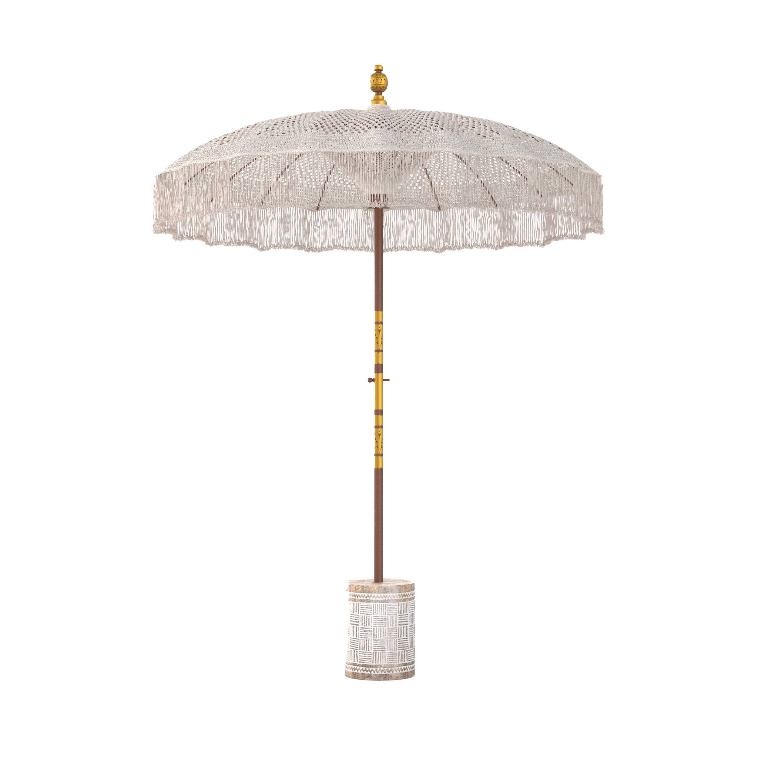 ensemble de parasol en coton macrame blanc pied bois de suar marron gravures blanches_1