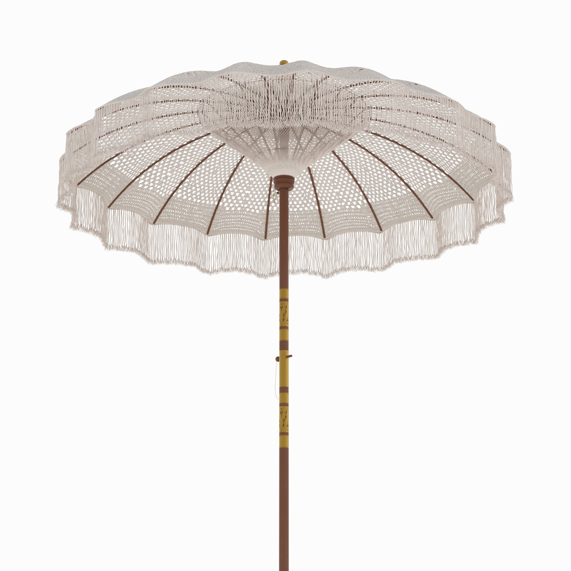 ensemble en macrame et pied de parasol en bois de suar et gravures blanches fakele