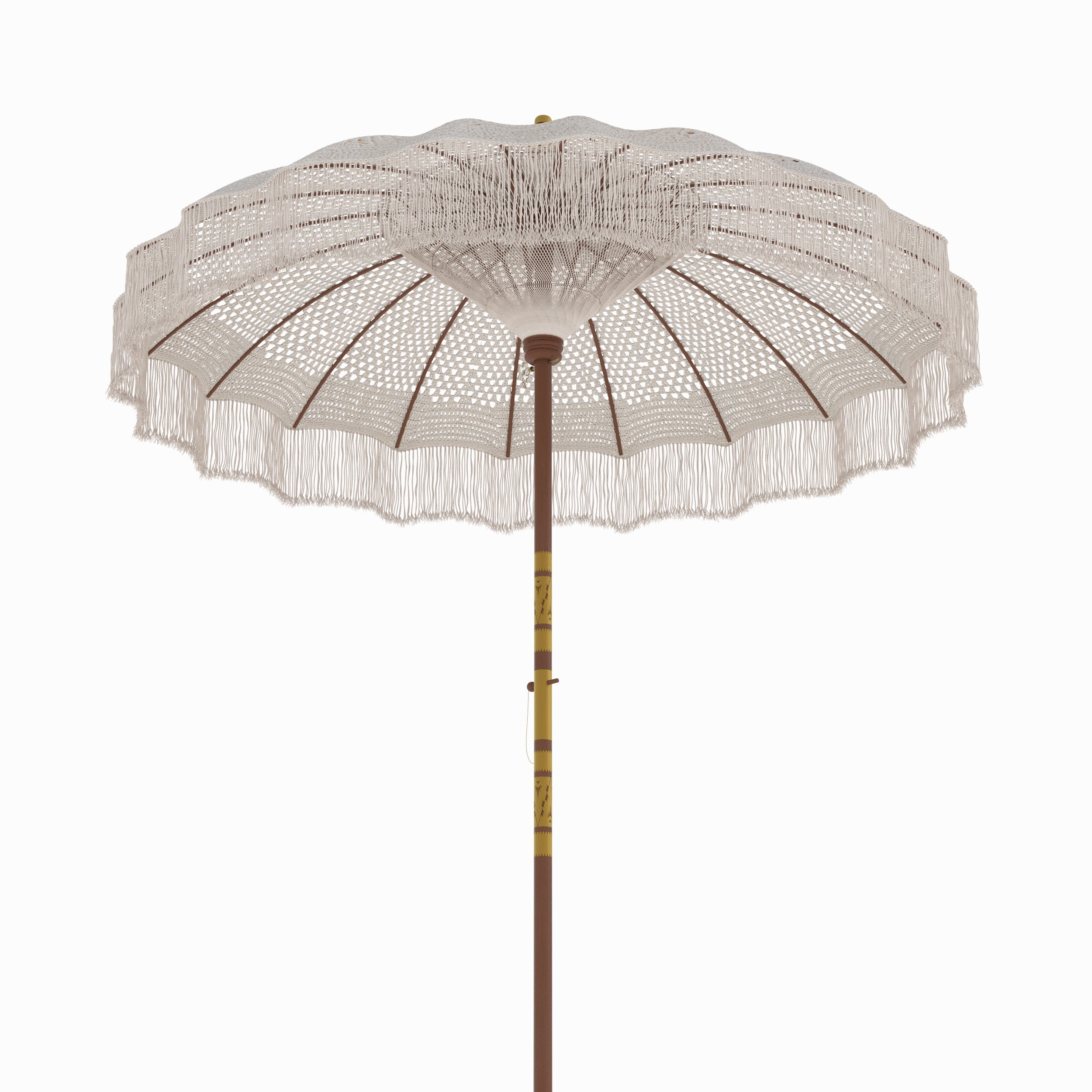 ensemble en macrame et pied de parasol en bois de suar et gravures blanches fakele