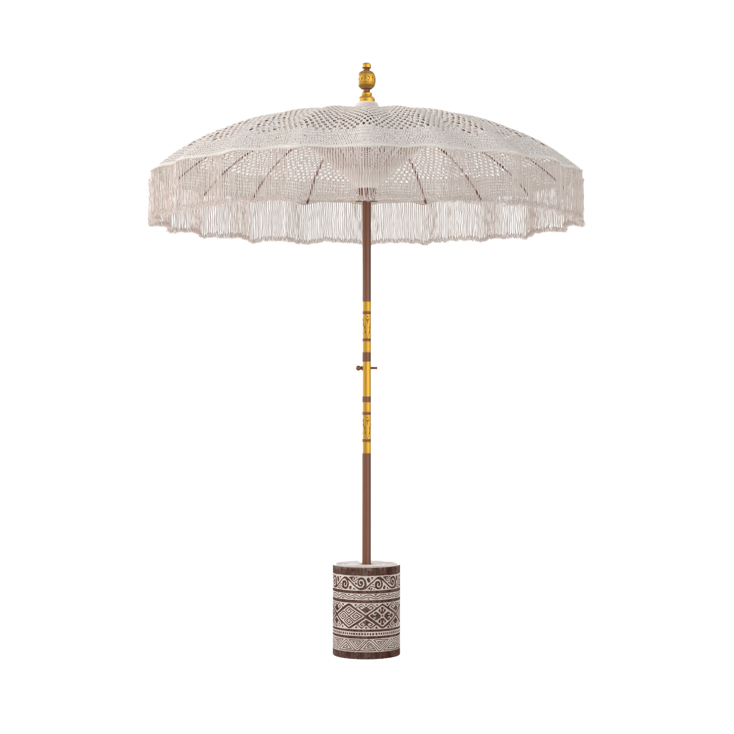 ensemble fakele en macrame et pied de parasol en bois de suar et gravures blanches fond blanc