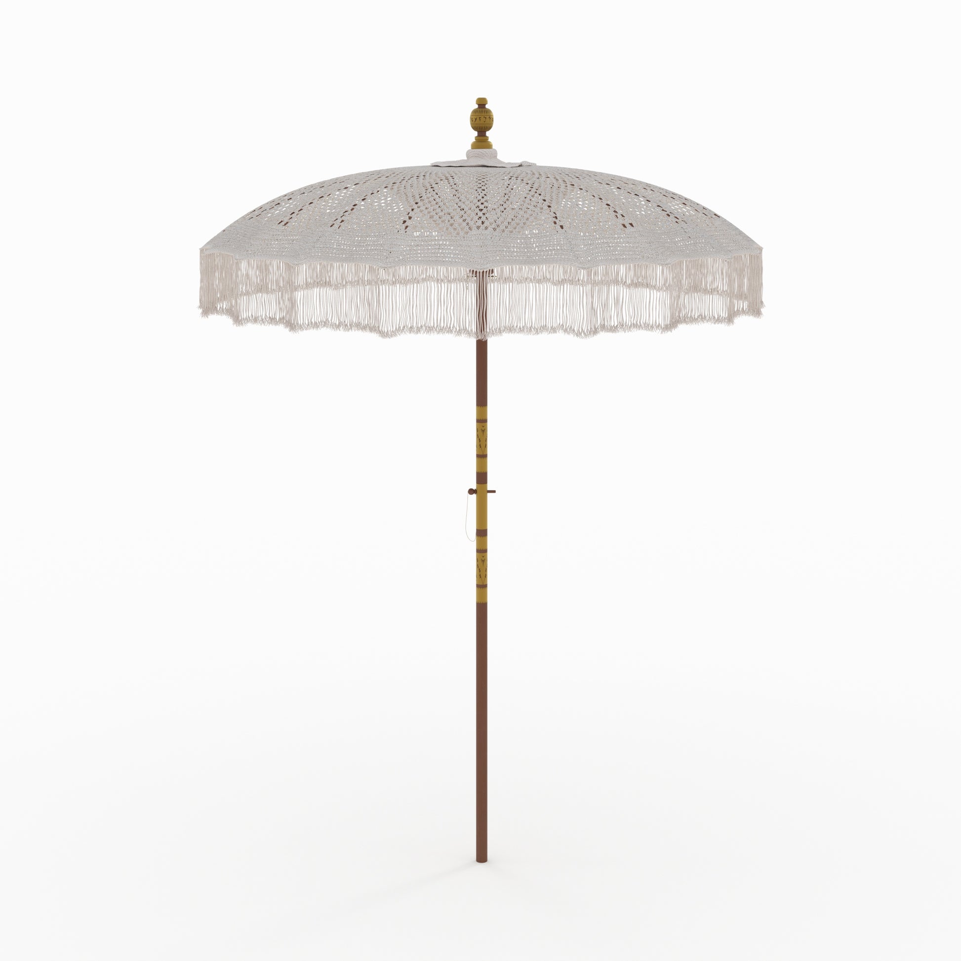 ensemble fakele en macrame et pied de parasol en bois de suar et gravures blanches