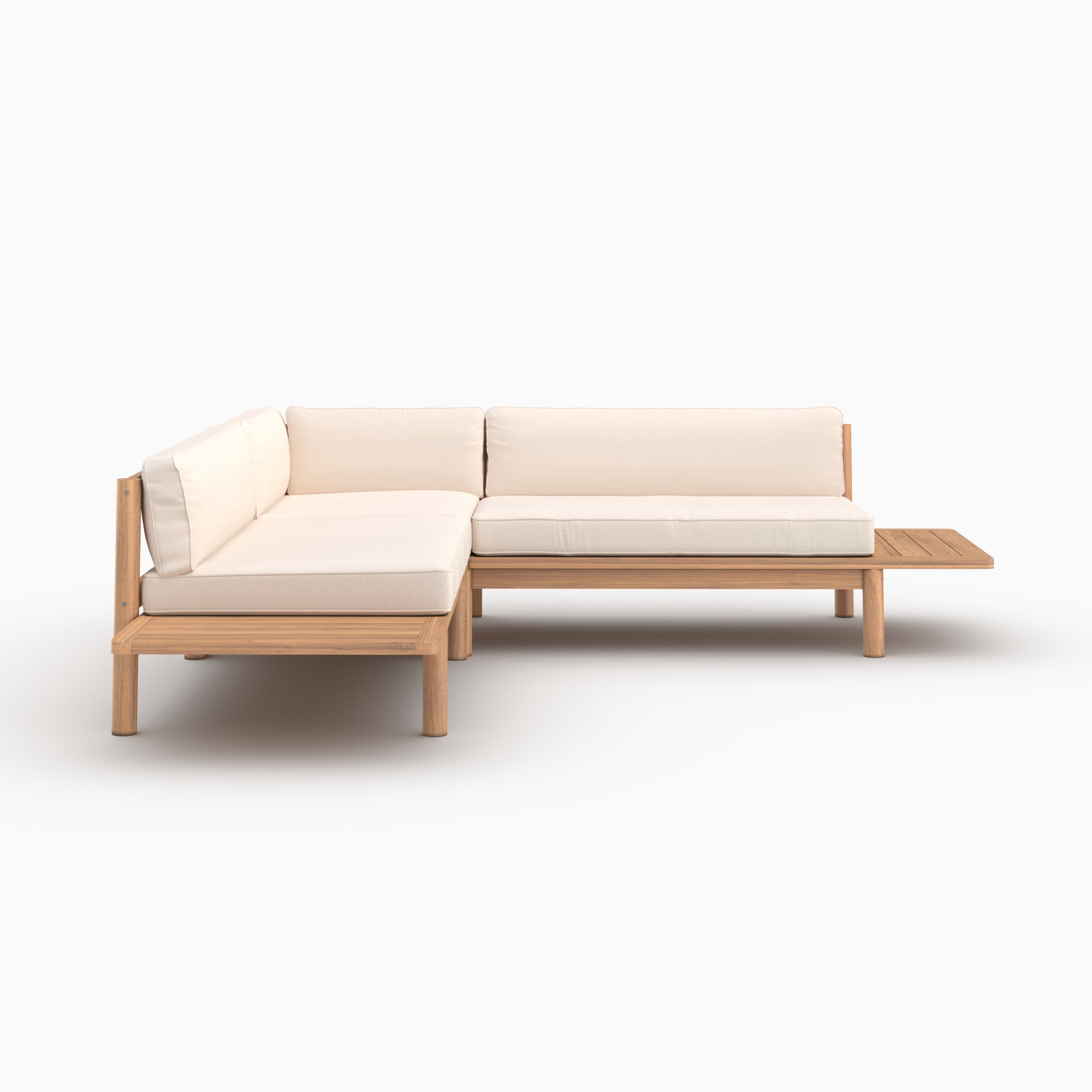 Canapé d'angle de jardin Nadila, teck massif, coussins blancs 4 places