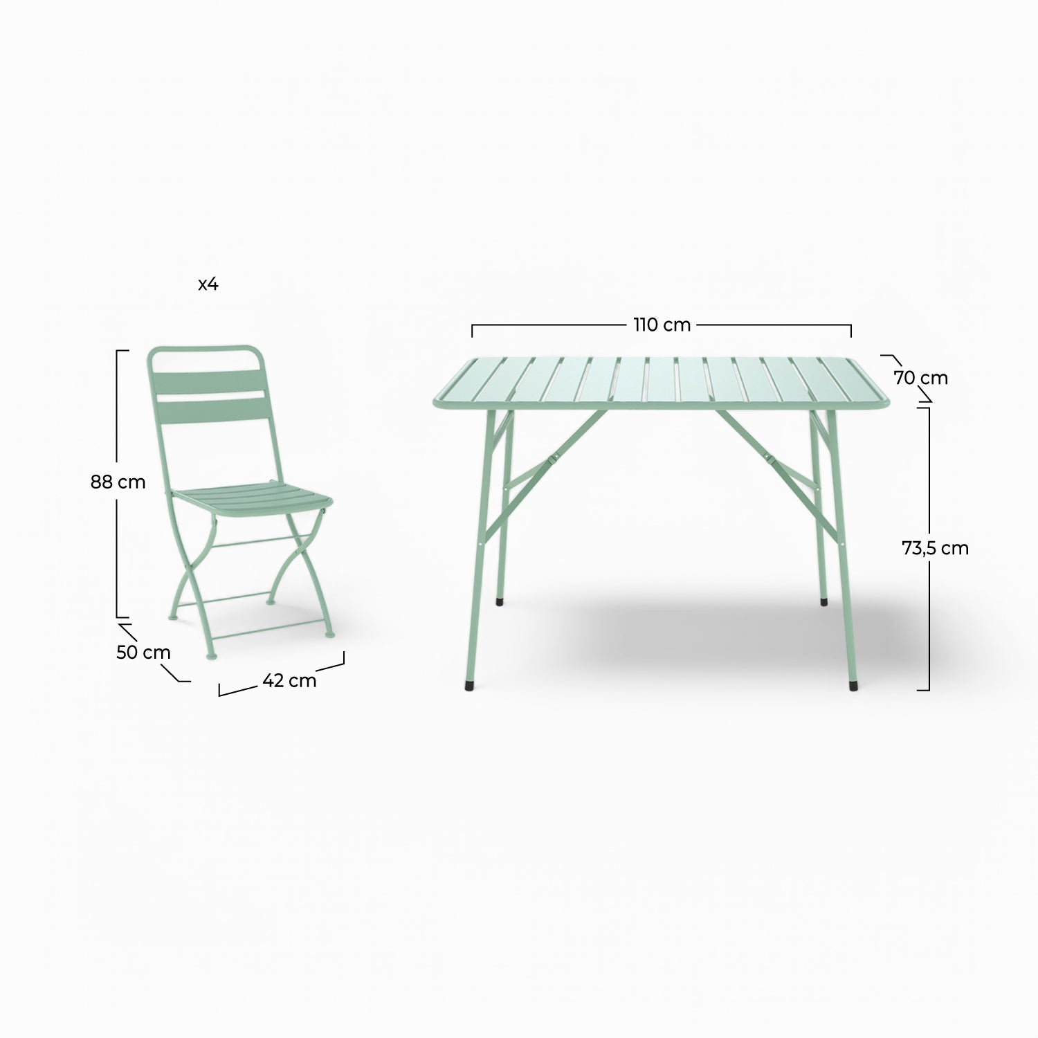 ensemble pliant table et chaises de jardin pliantes 4 personnes yumi en metal vert