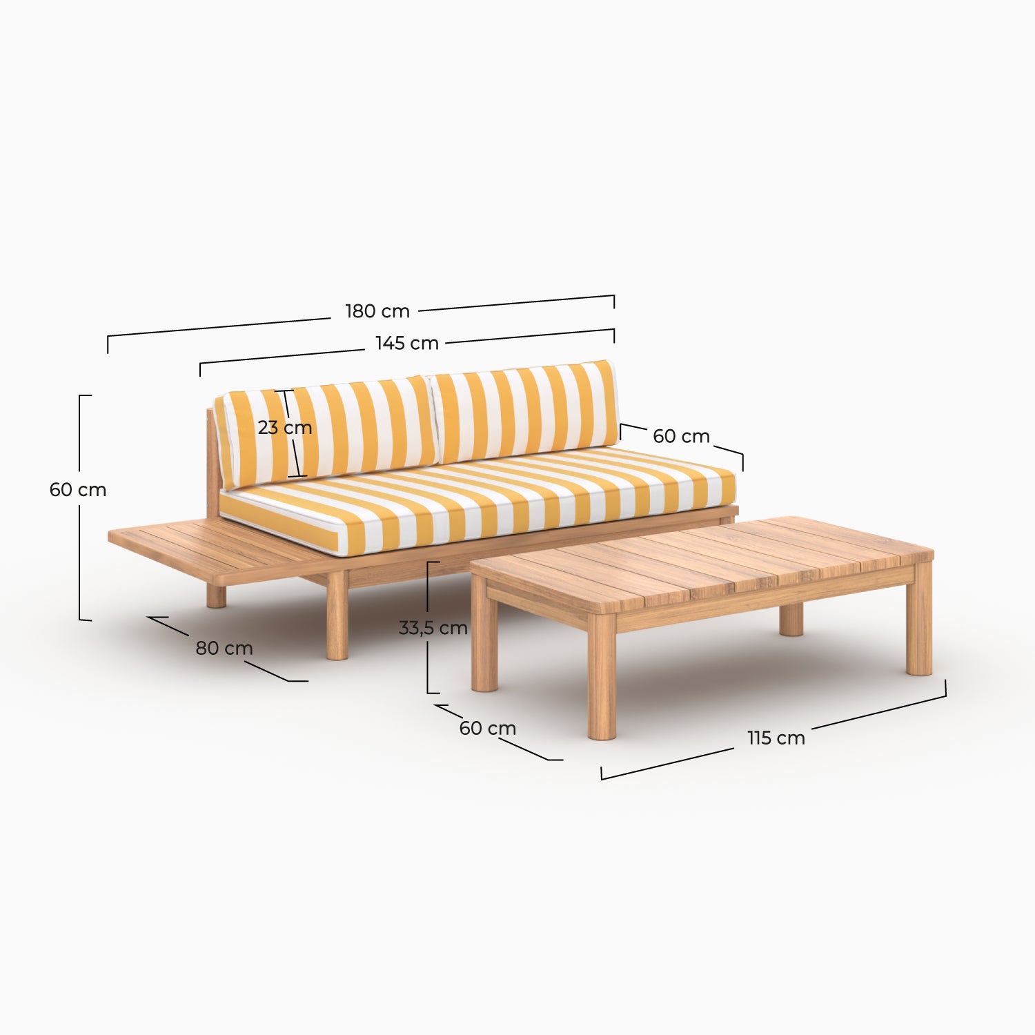 Salon de jardin Nadila 2 personnes en teck massif et tissu rayé jaune