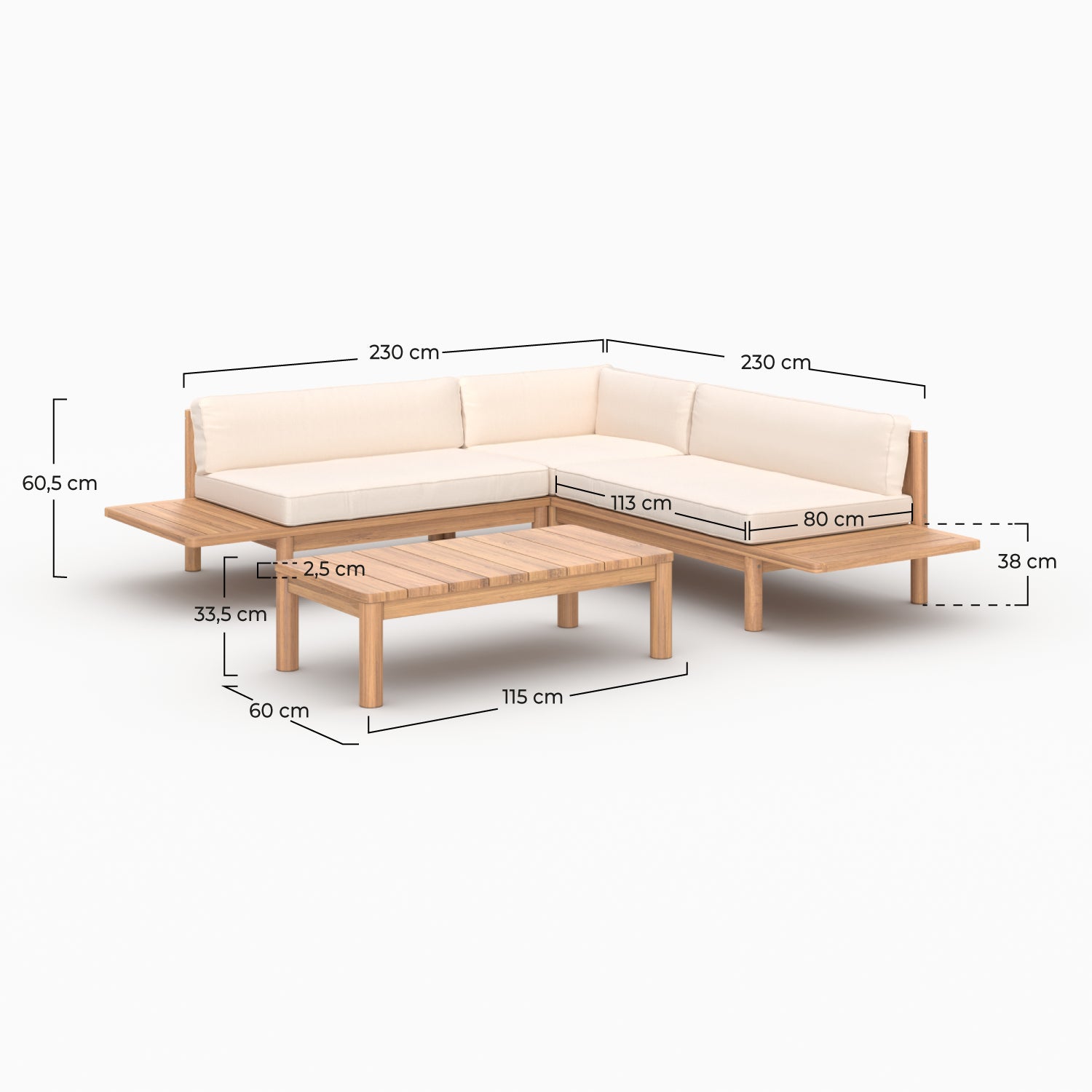 Salon de jardin Nadila 4 personnes en teck massif et tissu blanc