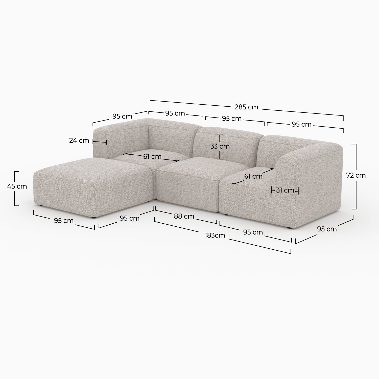 Canapé modulable Mina en tissu beige 3 places avec pouf