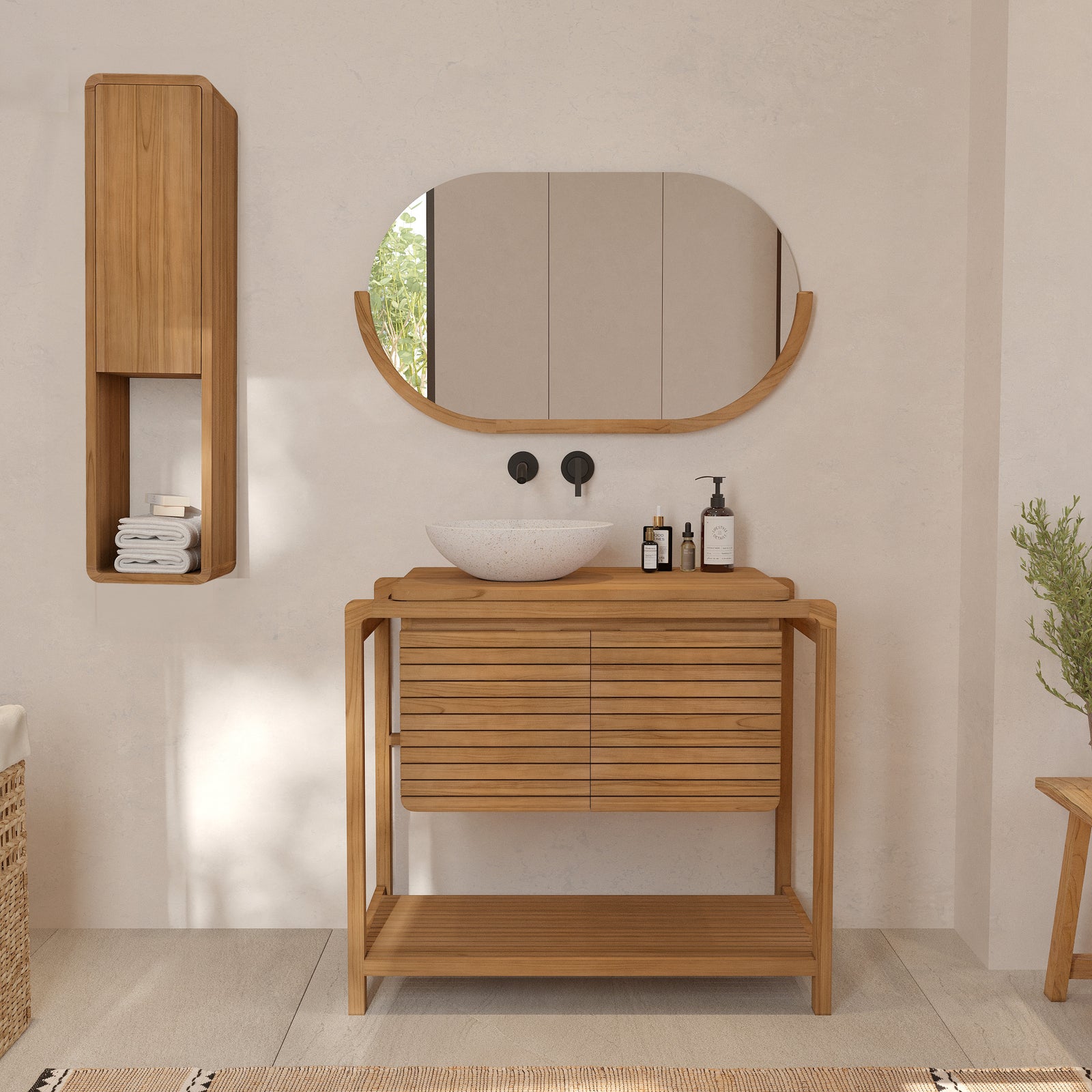 ensemble sdb bois de teck colonne et meuble