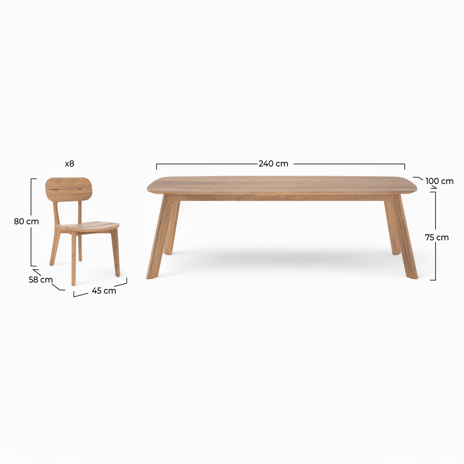 ensemble table et chaises de jardin lumo 8 personnes en bois de teck recycle