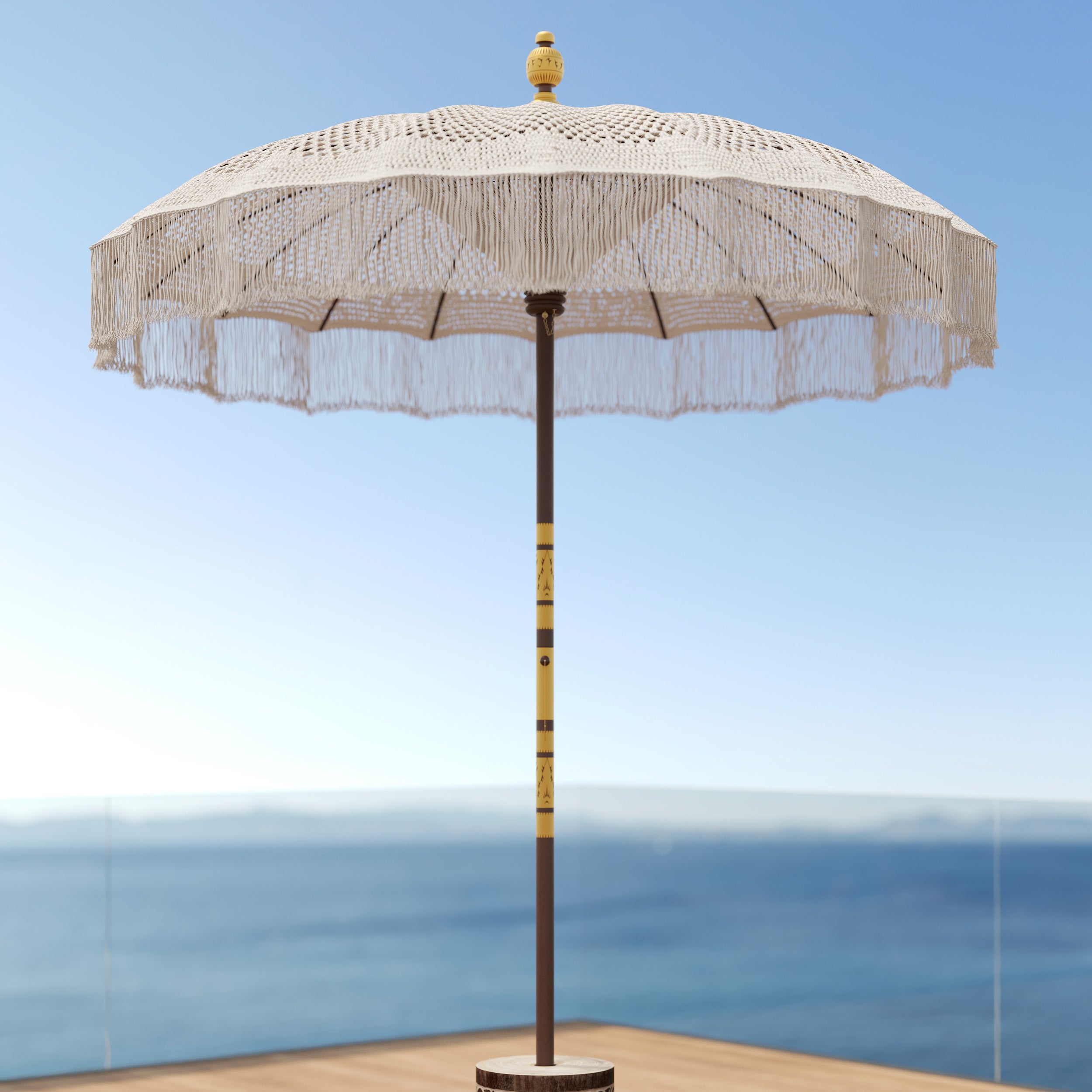 fakele parasol en macrame blanc et bois cocotier boheme