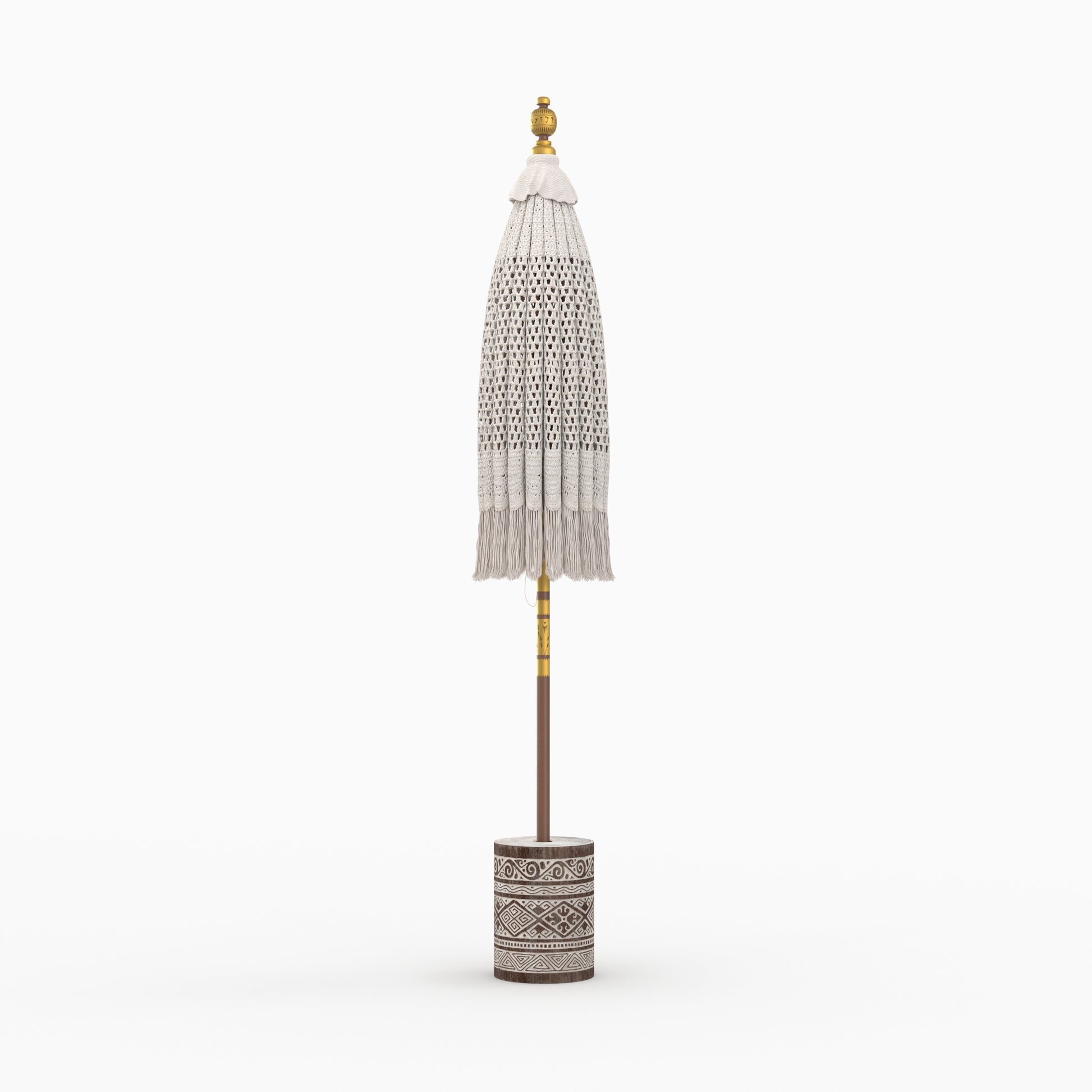 fakele parasol en macrame et pied de parasol en bois de suar et gravures blanches
