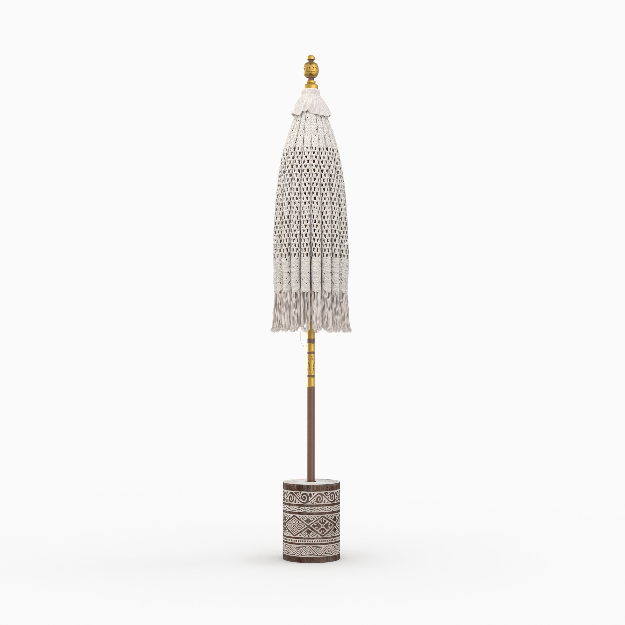 fakele parasol en macrame et pied de parasol en bois de suar et gravures blanches