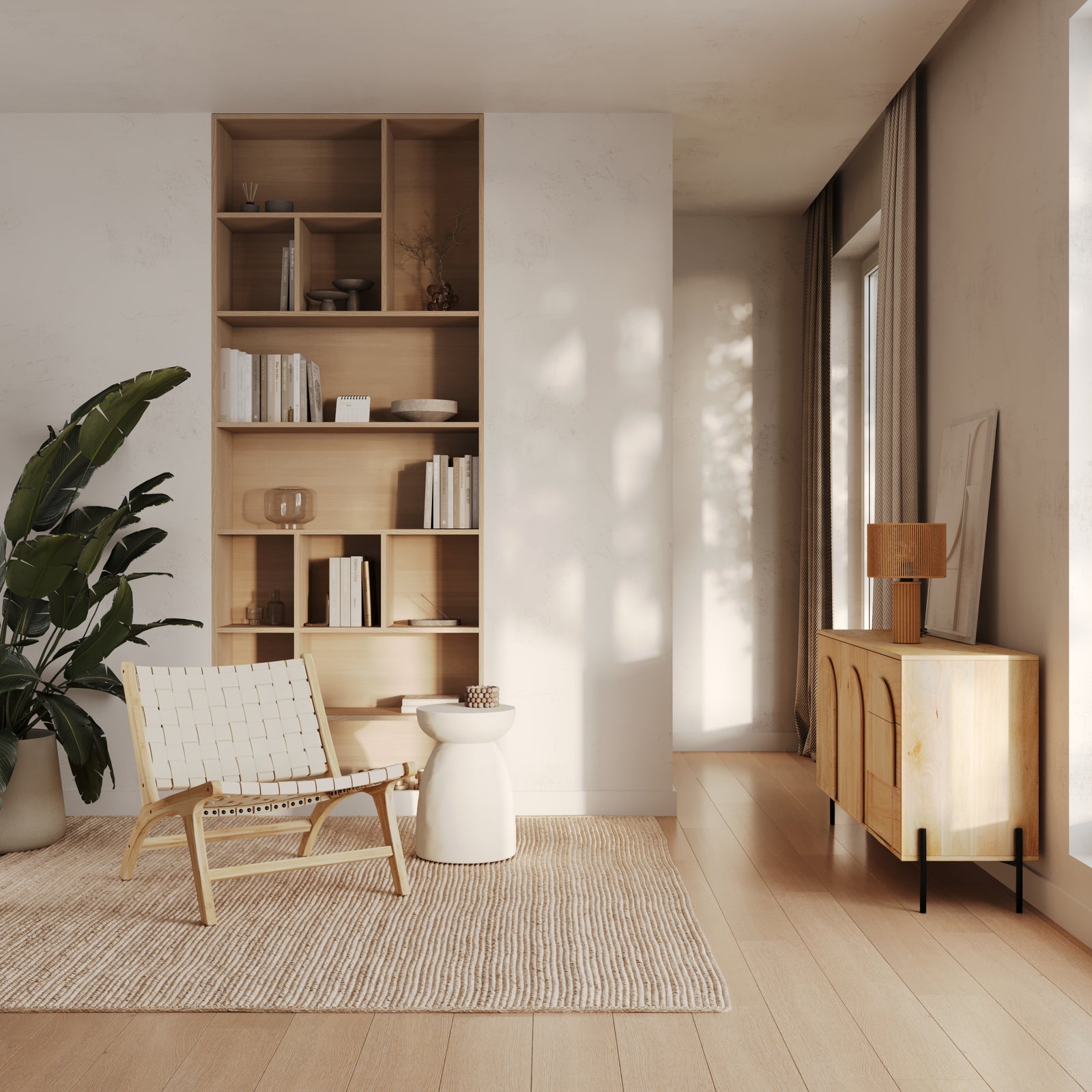 fauteuil bas cuir tresse blanc et bois clair kuna rendez vous deco