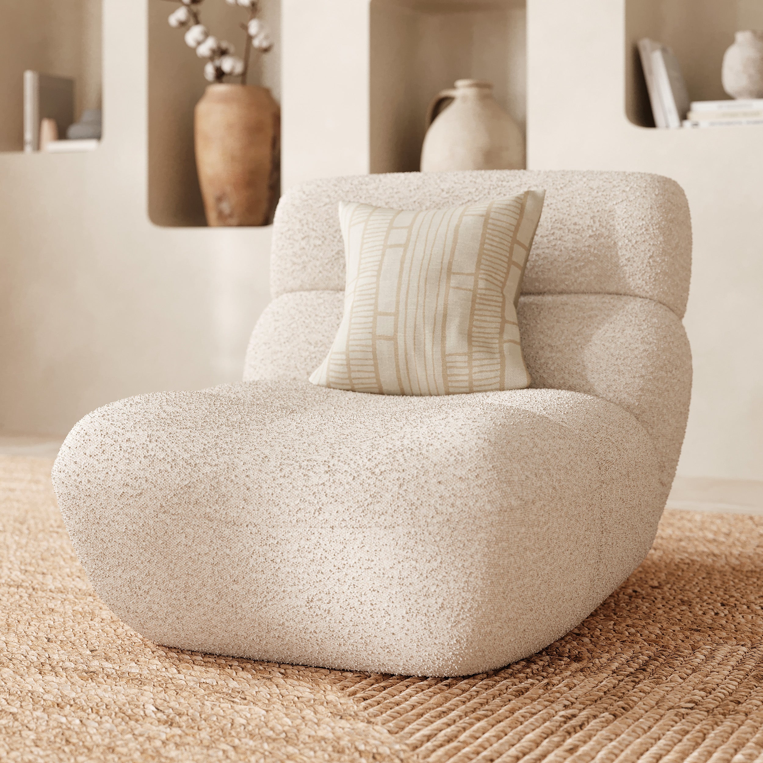 Ensemble fauteuil et pouf Teddy en tissu bouclé blanc
