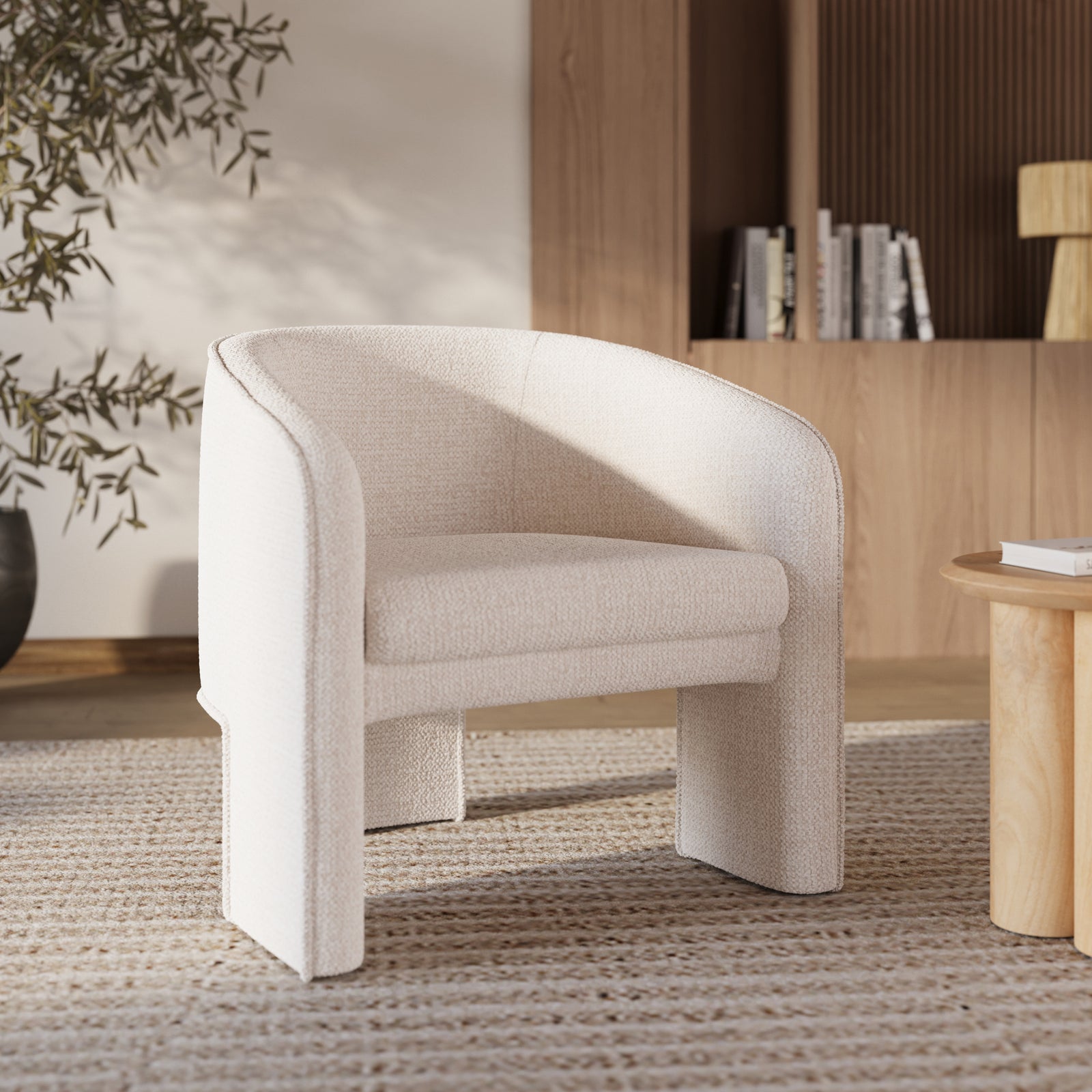 fauteuil en tissu boucle creme 3 pieds boheme rdv deco