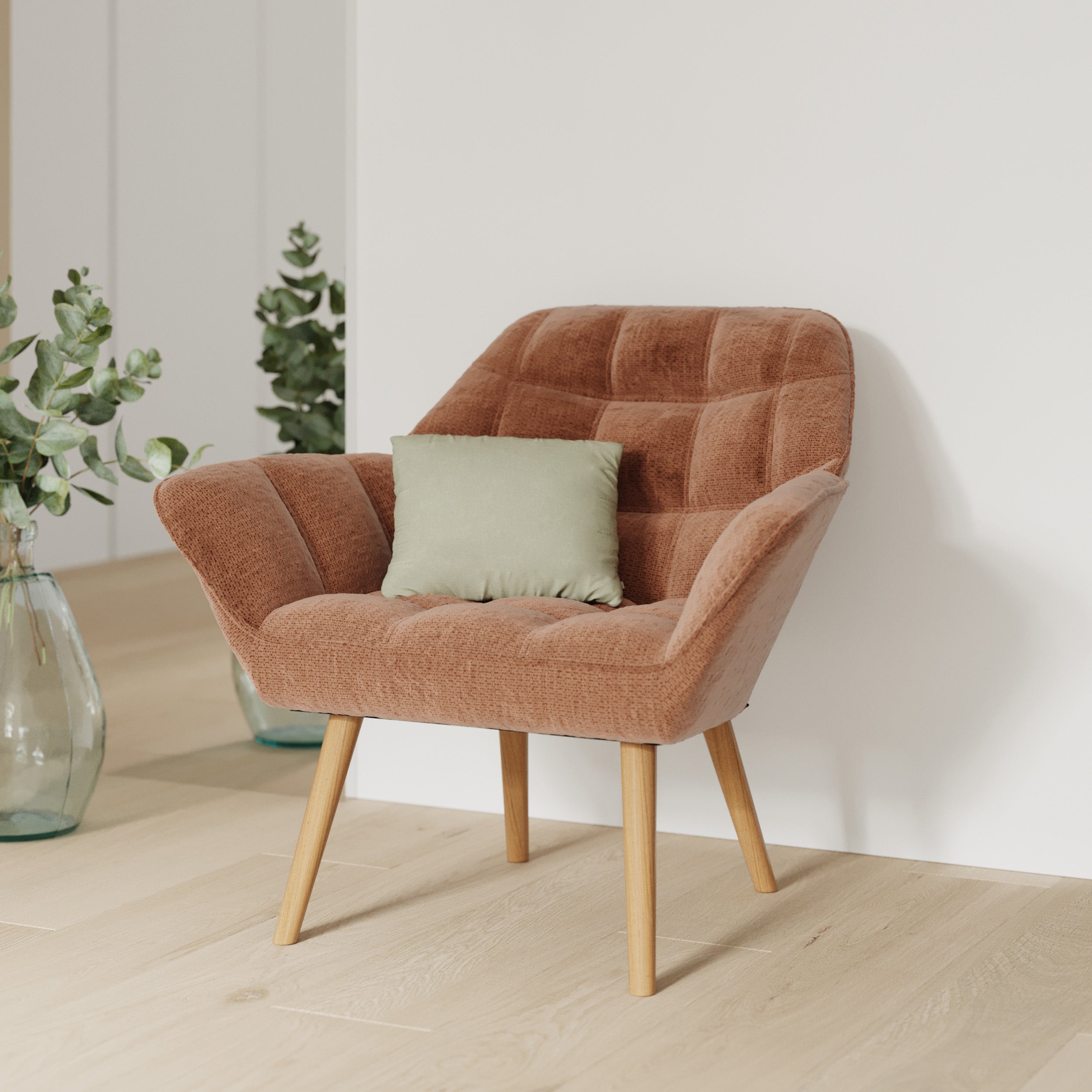 fauteuil en tissu vieux rouge simba pieds bois clair