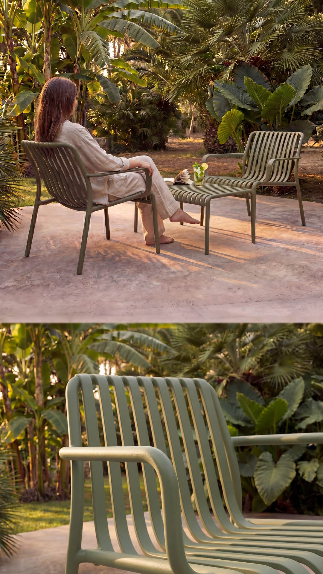 Fauteuil lounge de jardin en aluminium vert sauge, style contemporain, ambiance tropicale lumière dorée – Rendez-vous Déco
