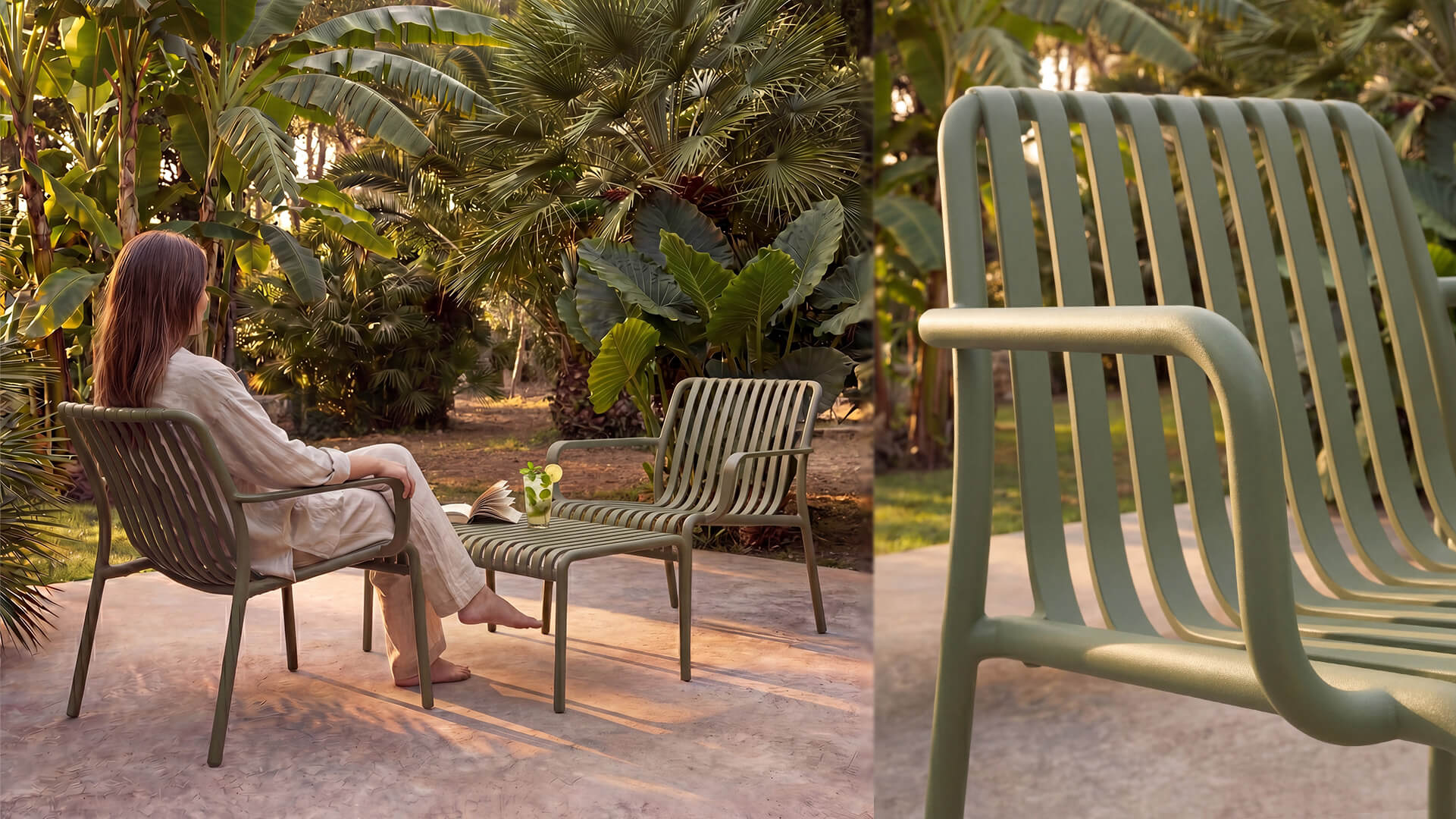 Fauteuil lounge de jardin en aluminium vert sauge, style contemporain, ambiance tropicale lumière dorée – Rendez-vous Déco