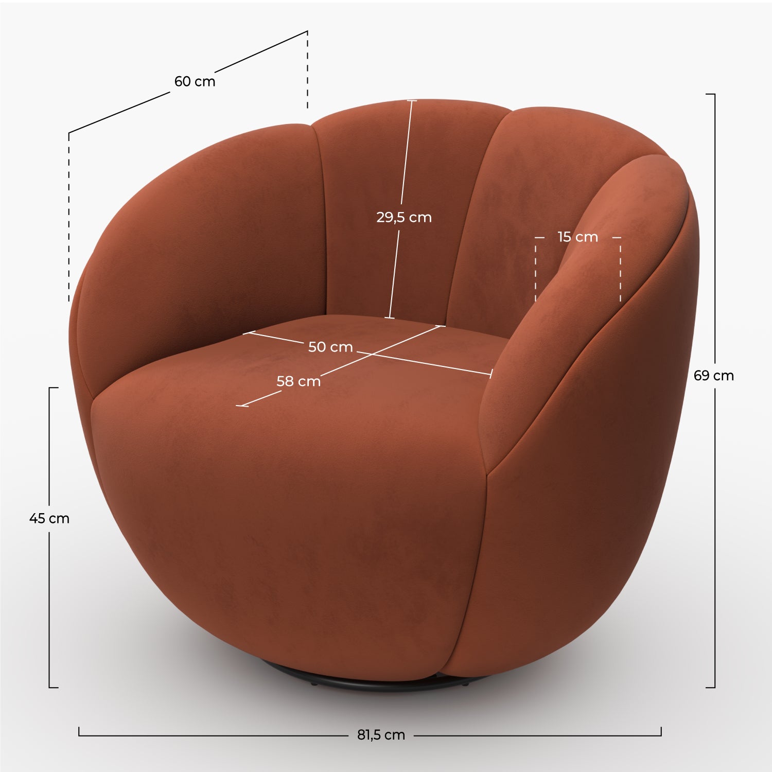 Fauteuil pivotant Ysé en velours rouge brique