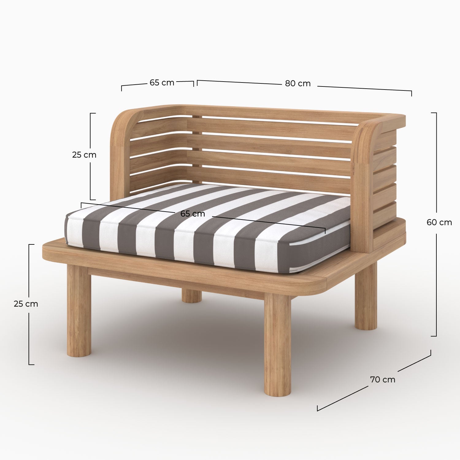 Fauteuil de jardin Kilda en teck massif et coussin rayé gris