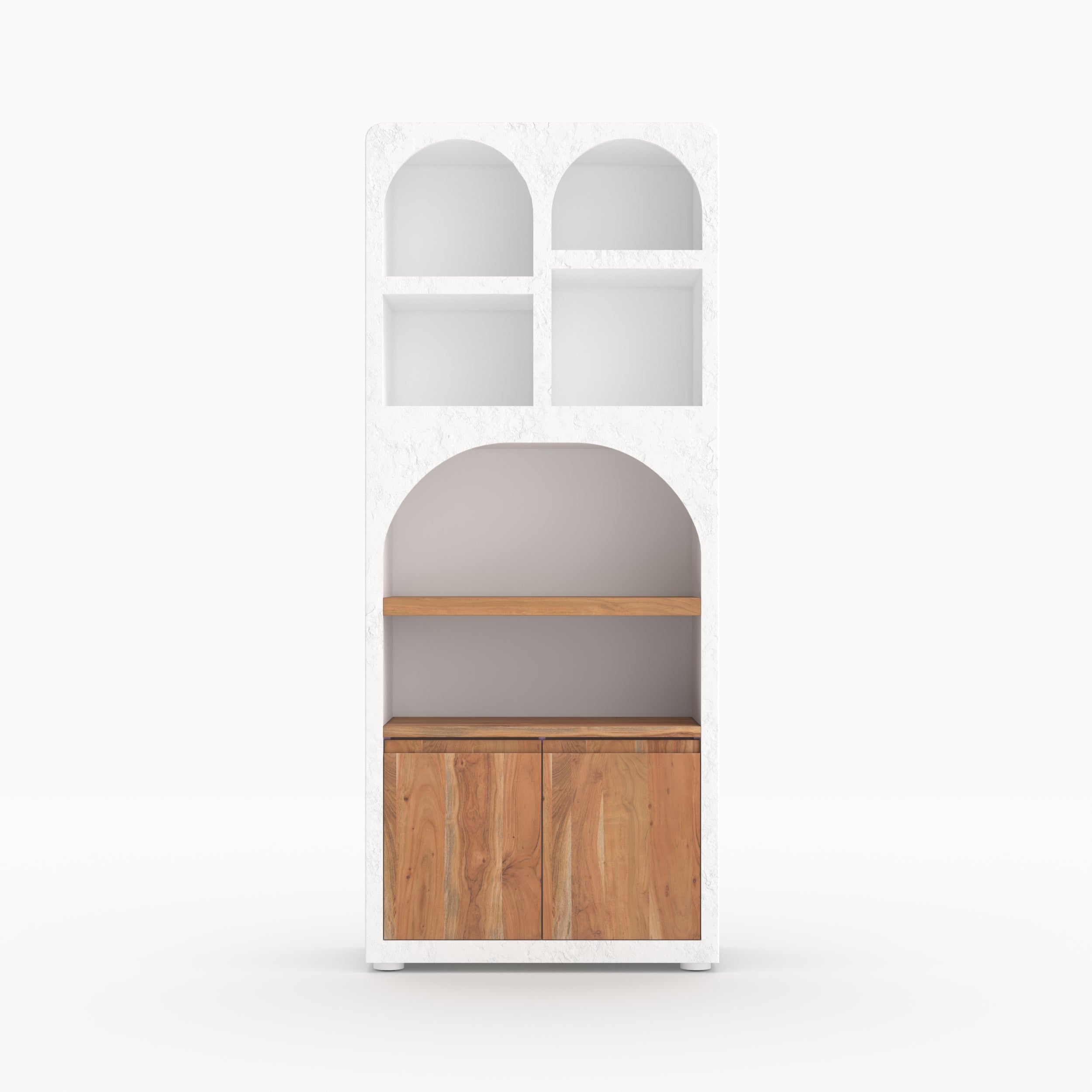 Biblioteca Fira de yeso blanco roto y madera de acacia