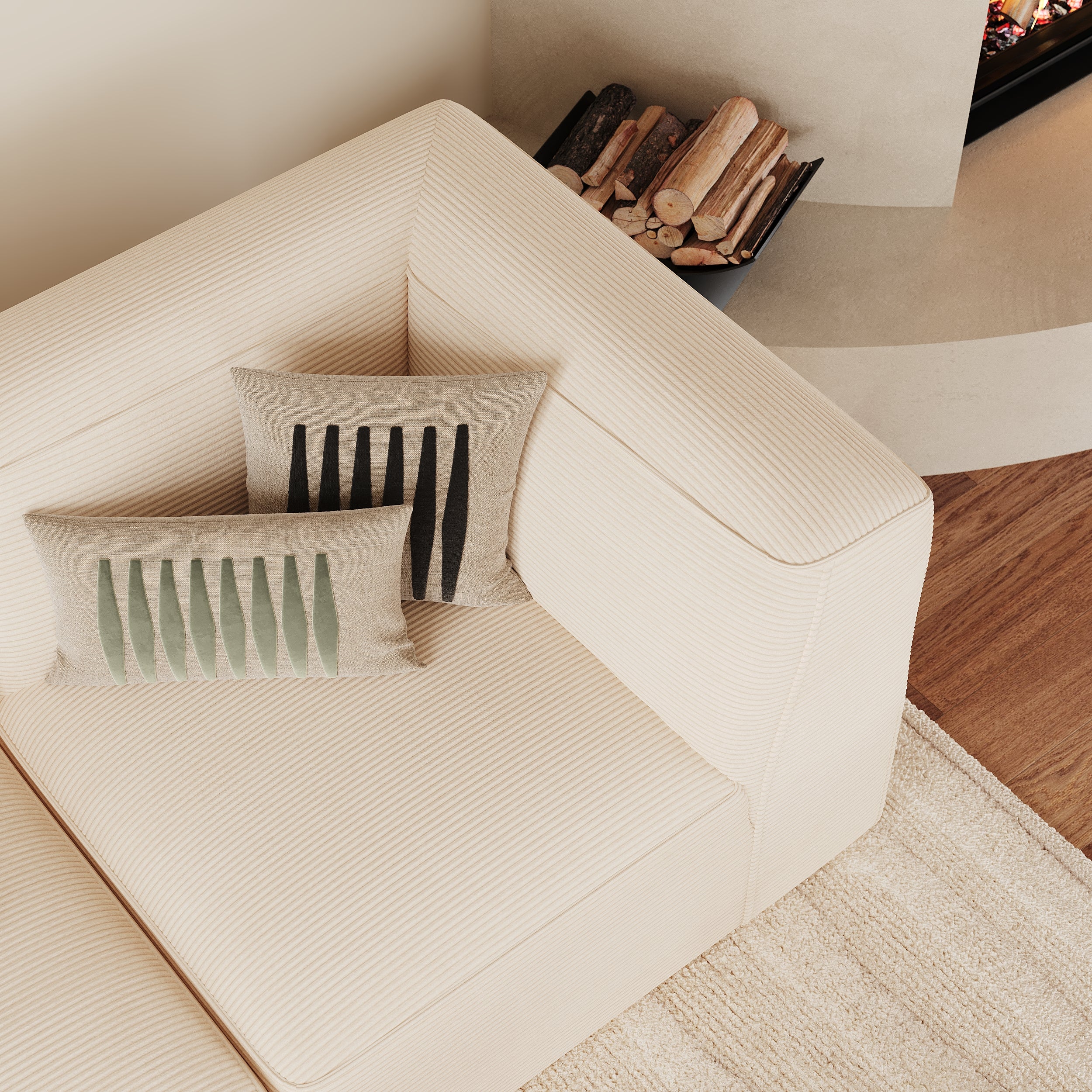 Canapé modulable Mina en velours blanc 3 places avec pouf