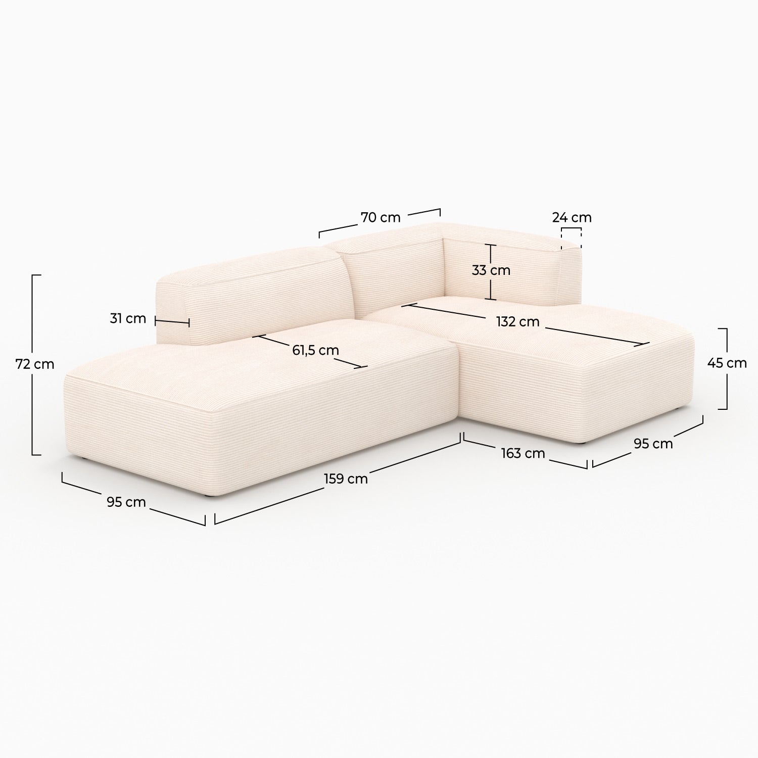 Canapé d'angle droit modulable Mina en velours côtelé blanc 4 places