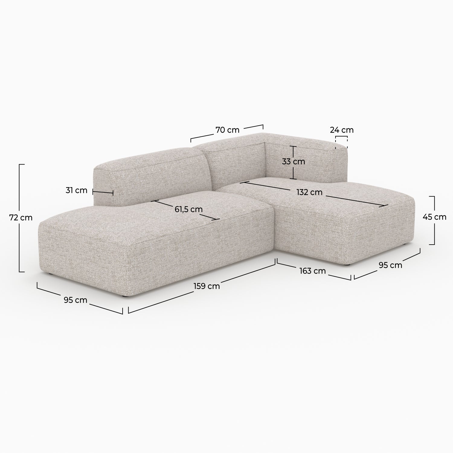 Canapé d'angle droit modulable Hestia en tissu beige 4 places