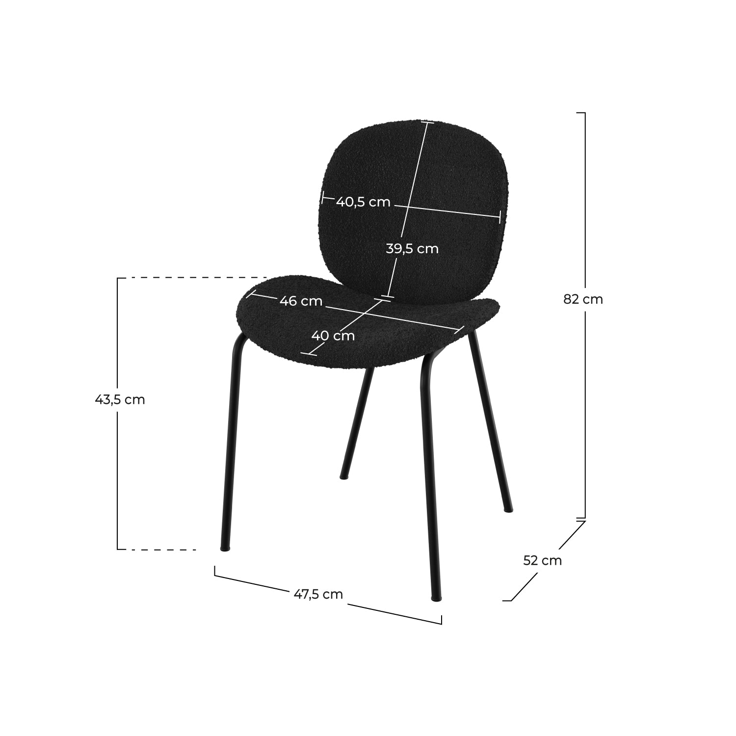 iris lot de 2 chaise en tissu boucle noir et pieds metal noir