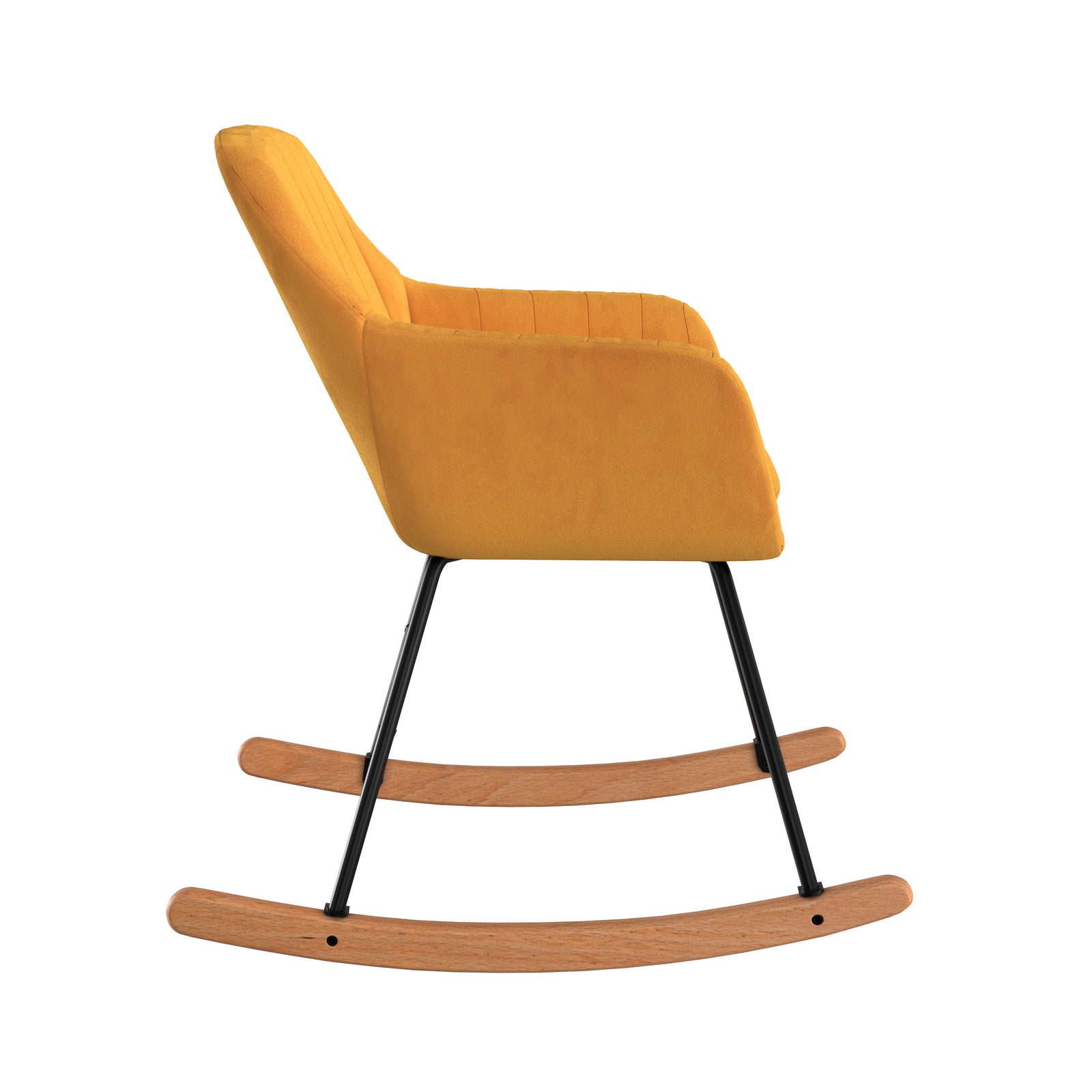 isola rocking chair en velours jaune pieds bois et bois