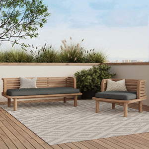 Canapé et fauteuil de jardin Kilda 3 places en teck massif, tissu gris