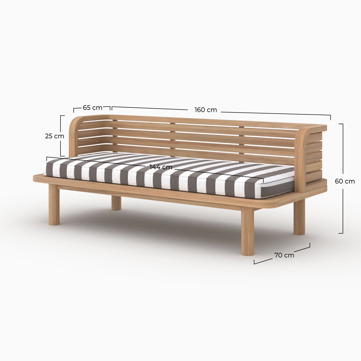 Canapé de jardin Kilda en teck massif et coussin rayé gris 2 places