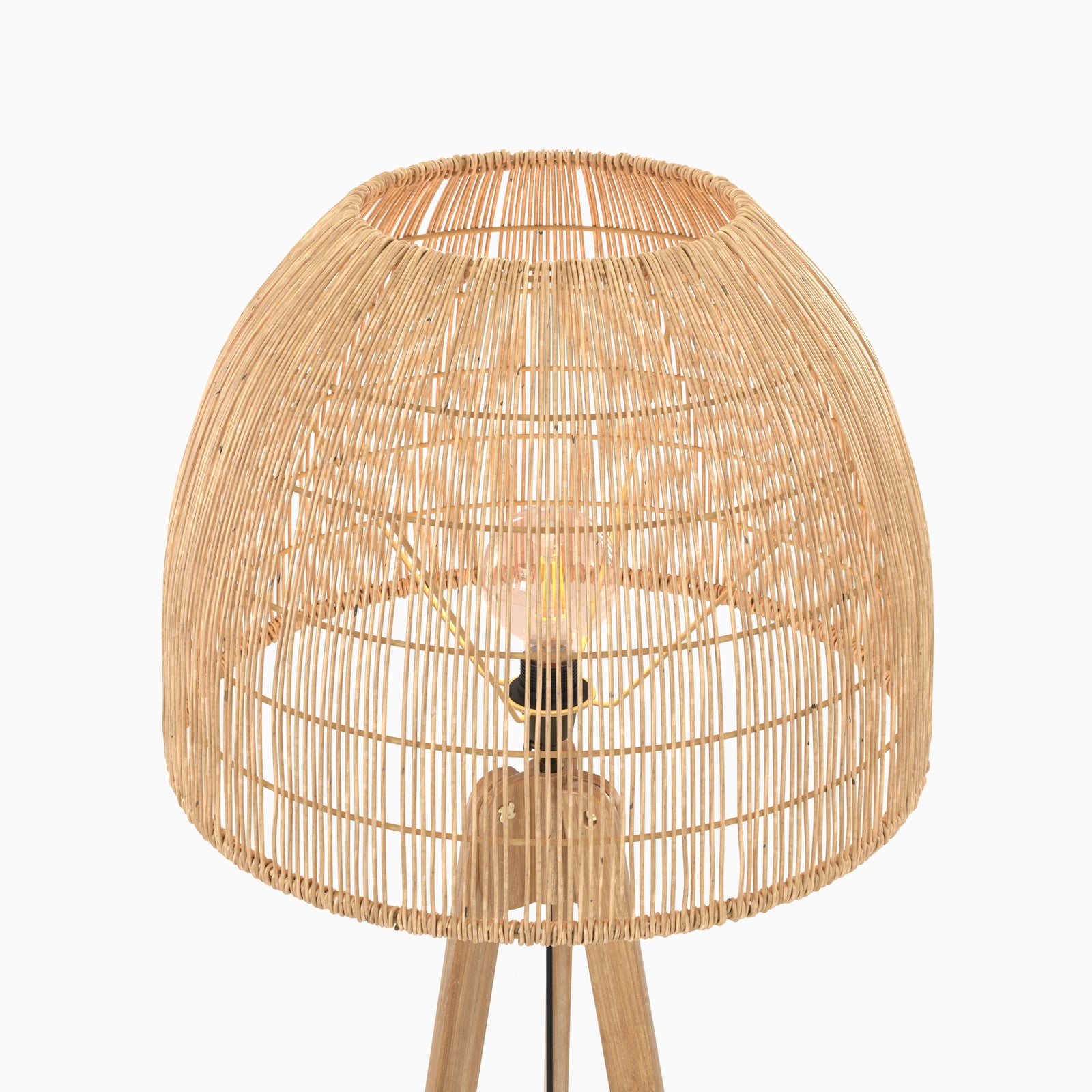 lampadaire en bois de teck rotin trepied corte