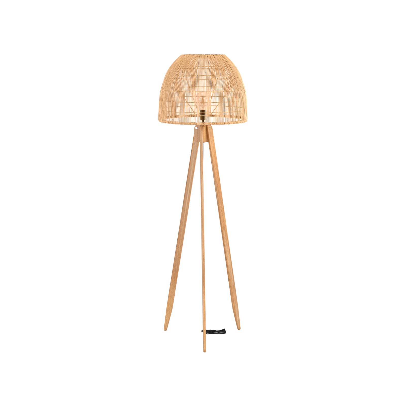 lampadaire trepied corte en bois de teck et rotin fond blanc