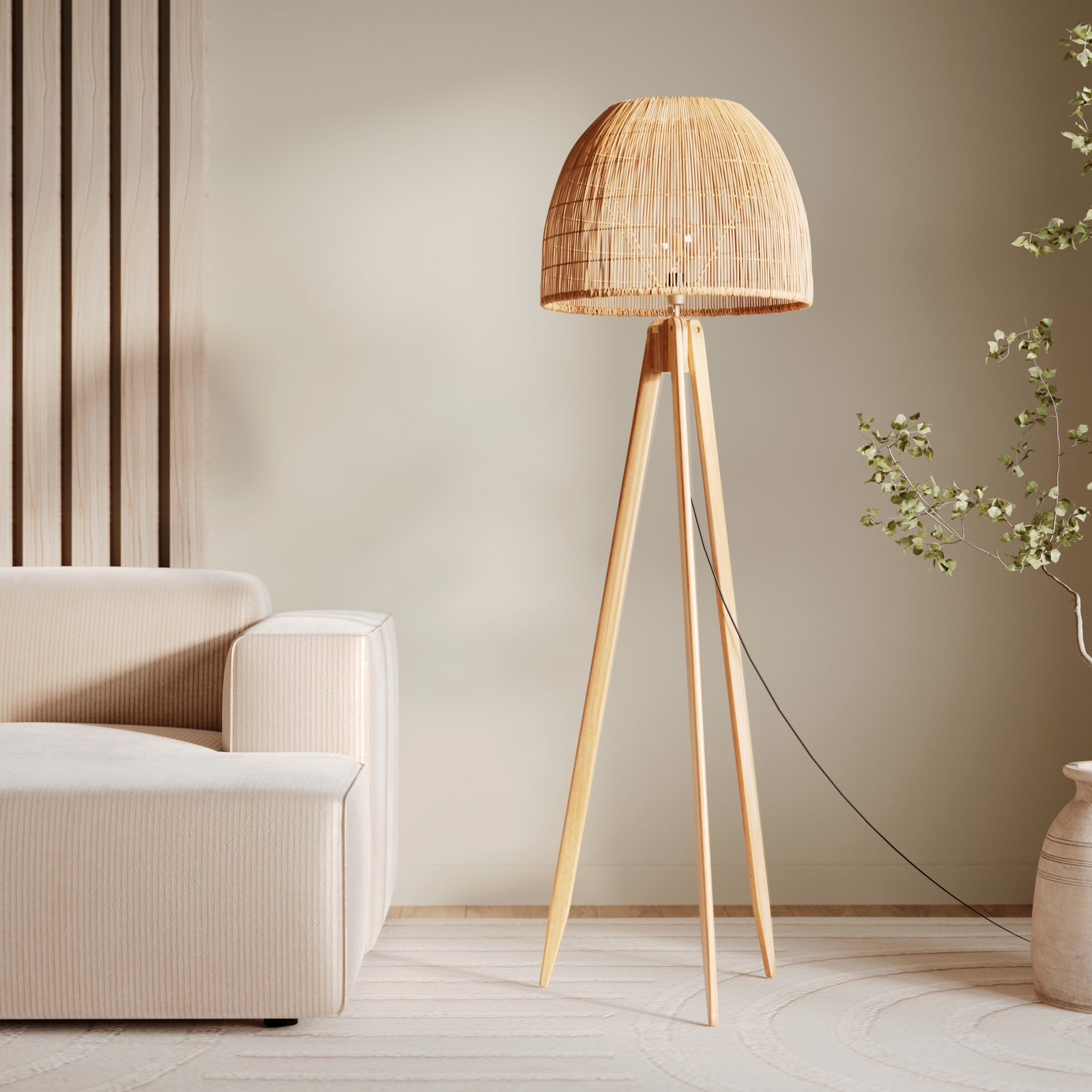 lampadaire trepied en bois et rotin corte focus