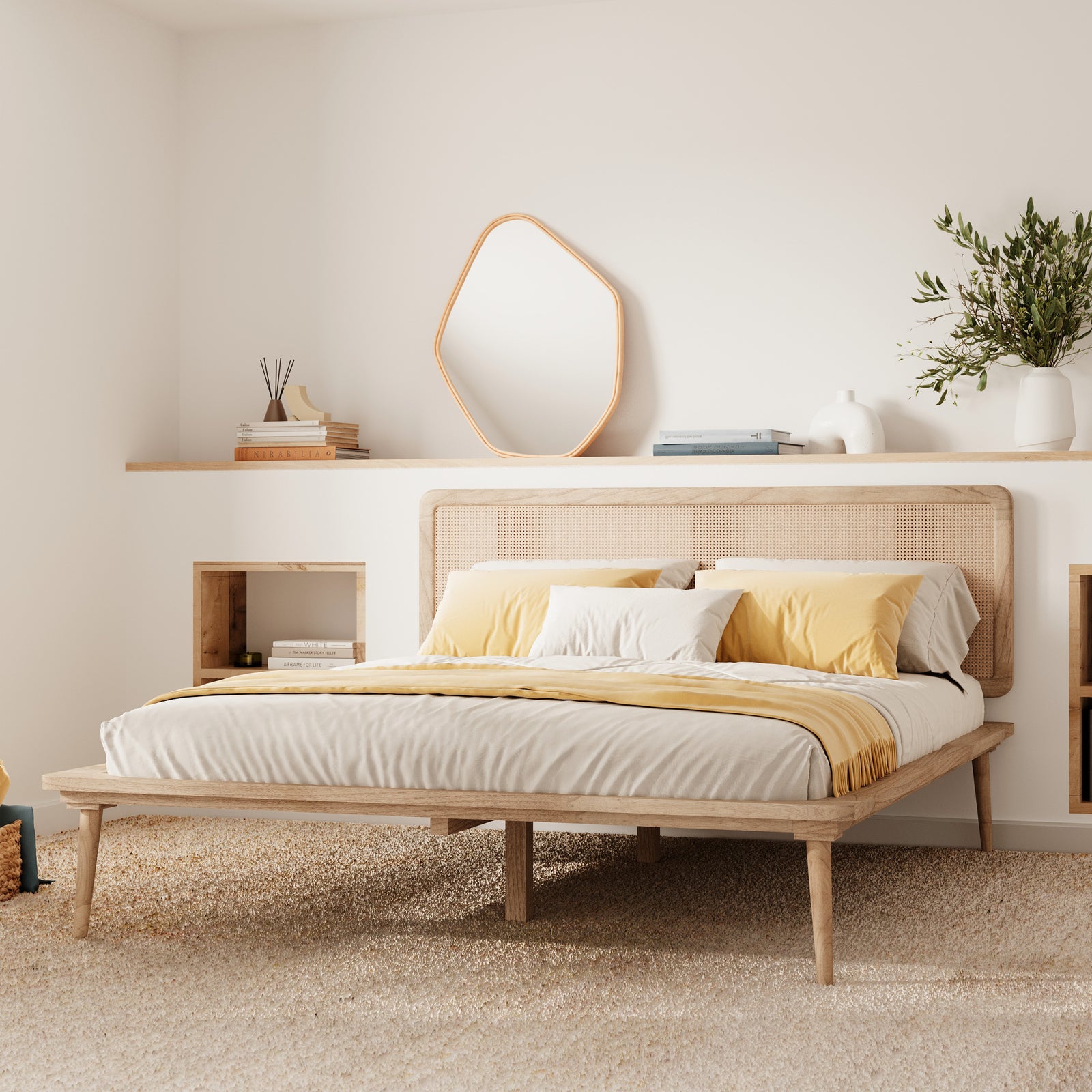 lit deux places en bois et cannage adik 160 x 200 cm