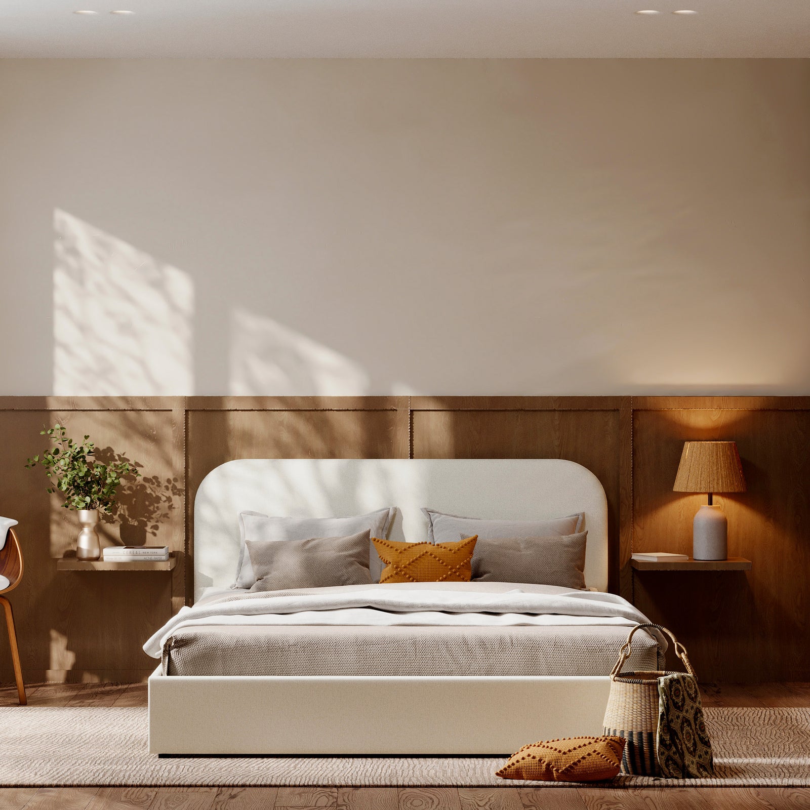 lit double 160 x 200 cm en tissu beige avec coffre tilly