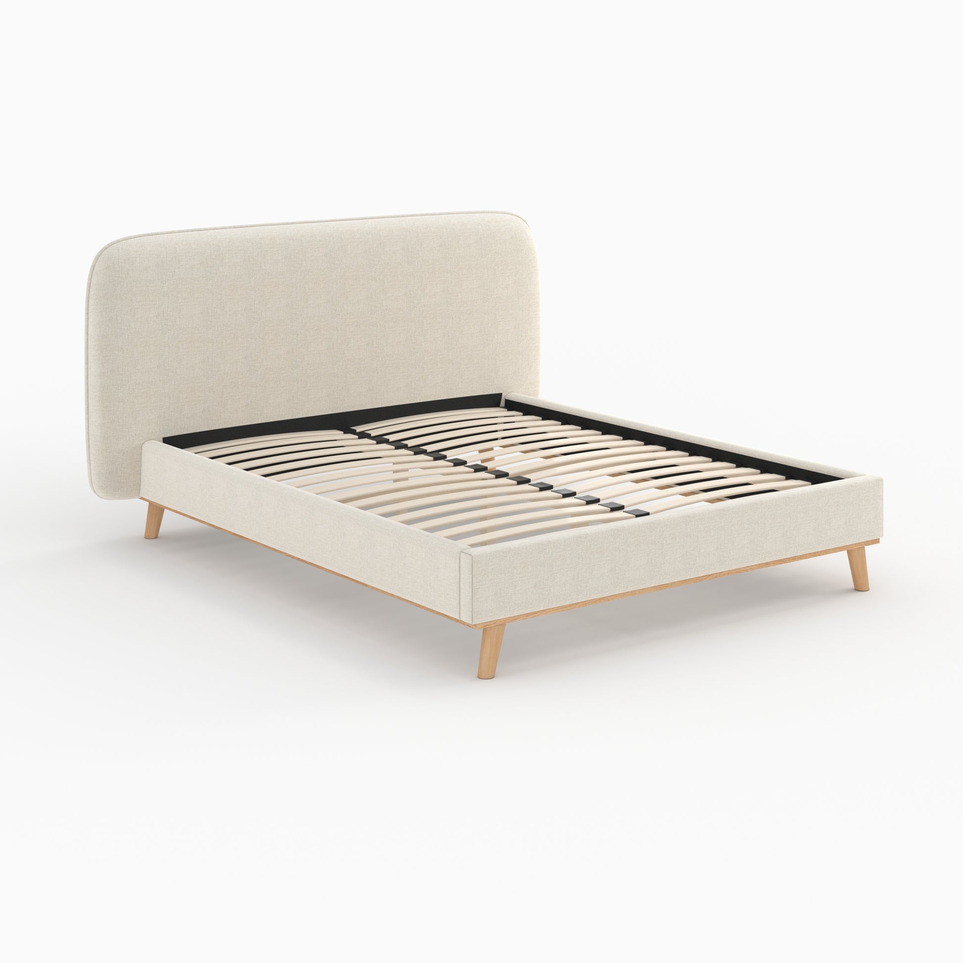 lit double 160 x 200 cm en tissu gris beige pieds bois modjo