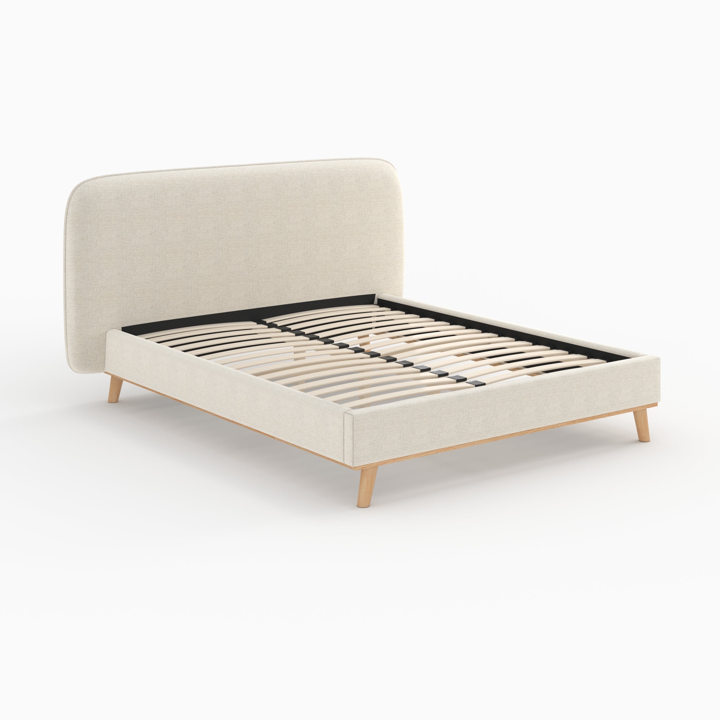 lit double 160 x 200 cm en tissu gris beige pieds bois modjo