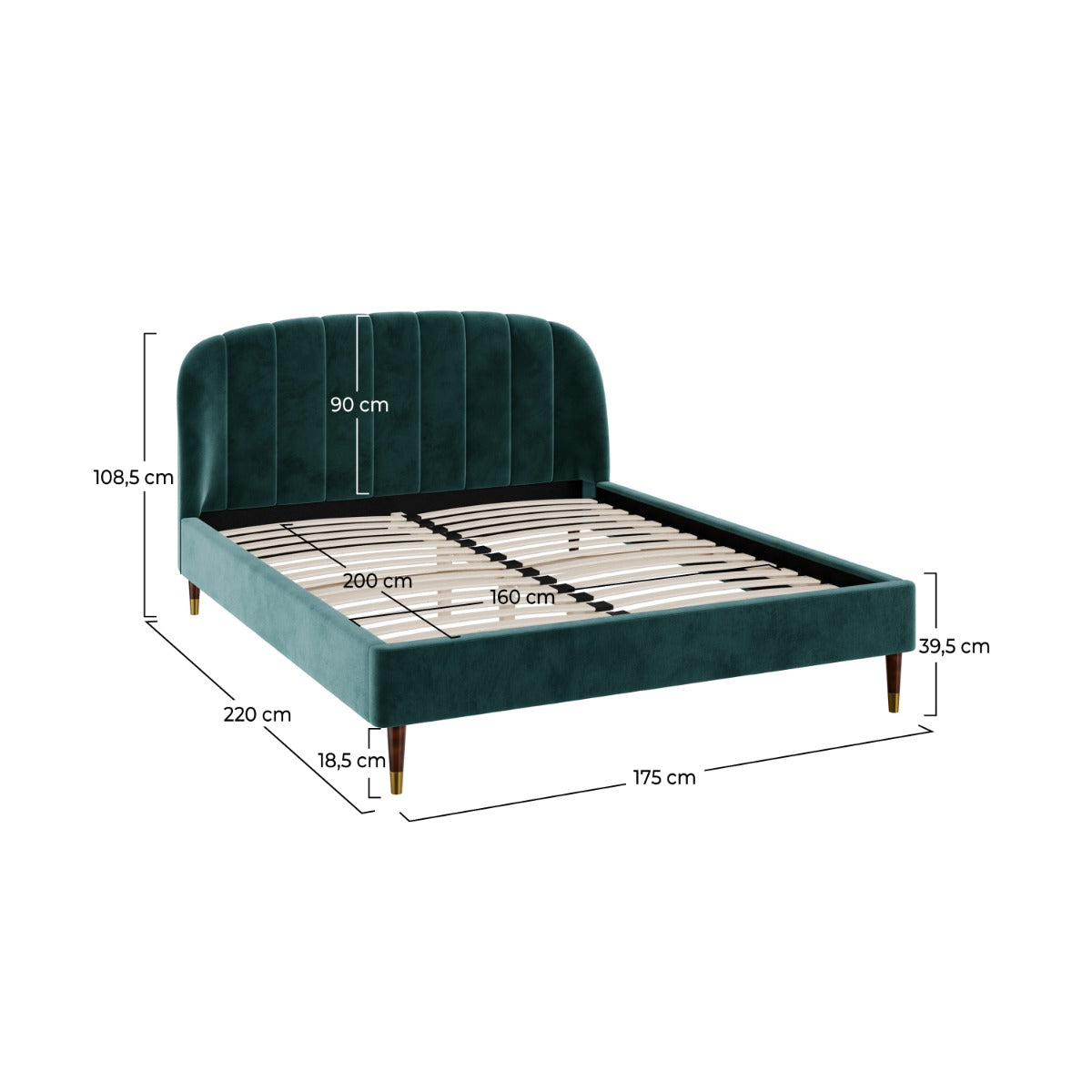 lit double 160x200 cm en velours vert et pieds dore gala