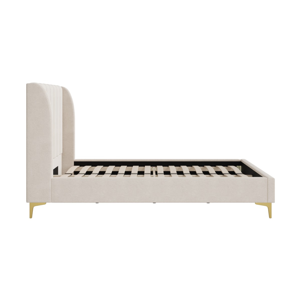 lit double en tissu beige avec pieds dore koda