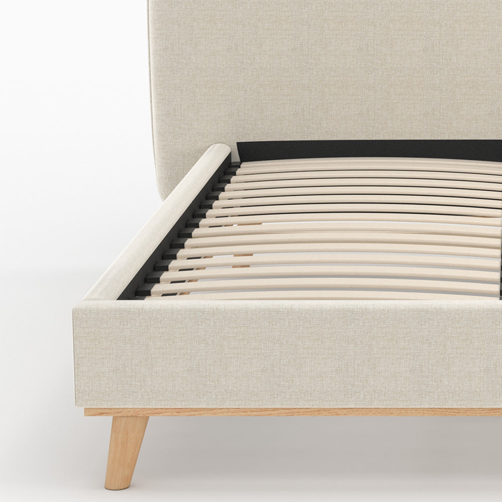 lit double en tissu gris beige pieds bois modjo