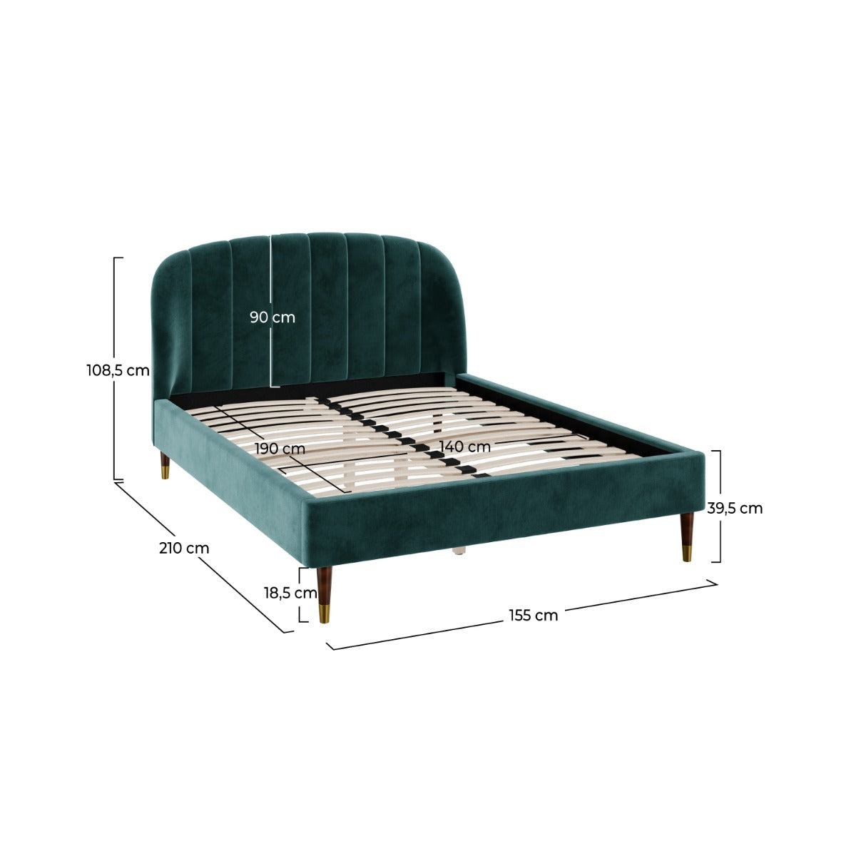 lit double gala 140x190 cm en velours vert et pieds dore